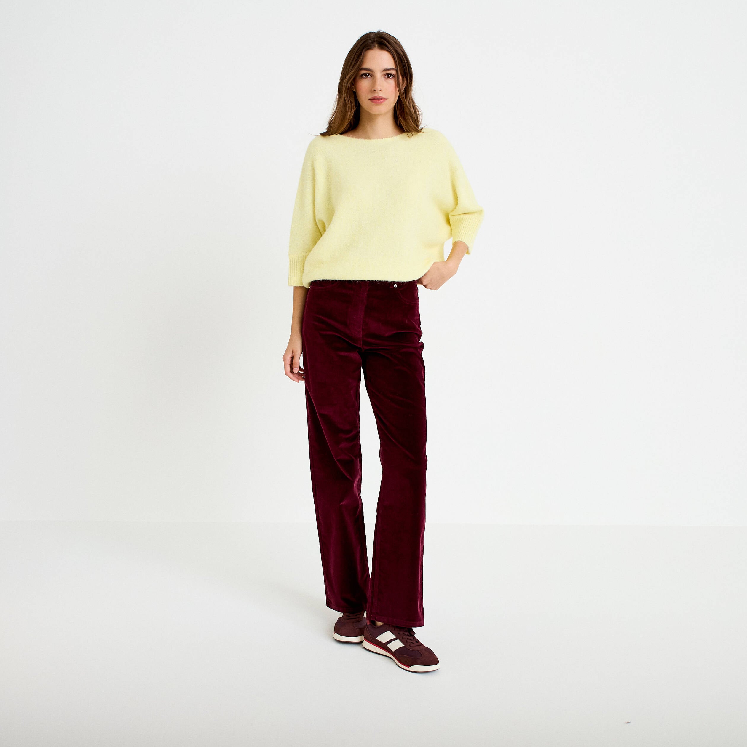 Pantalon bootcut taille haute velours bordeaux femme