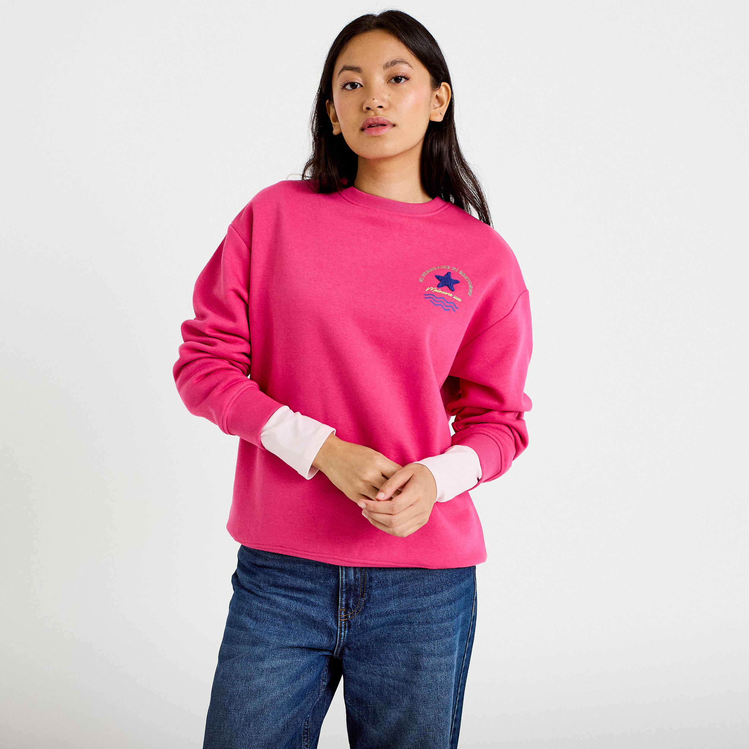 Sweat col rond manches longues rose fushia femme