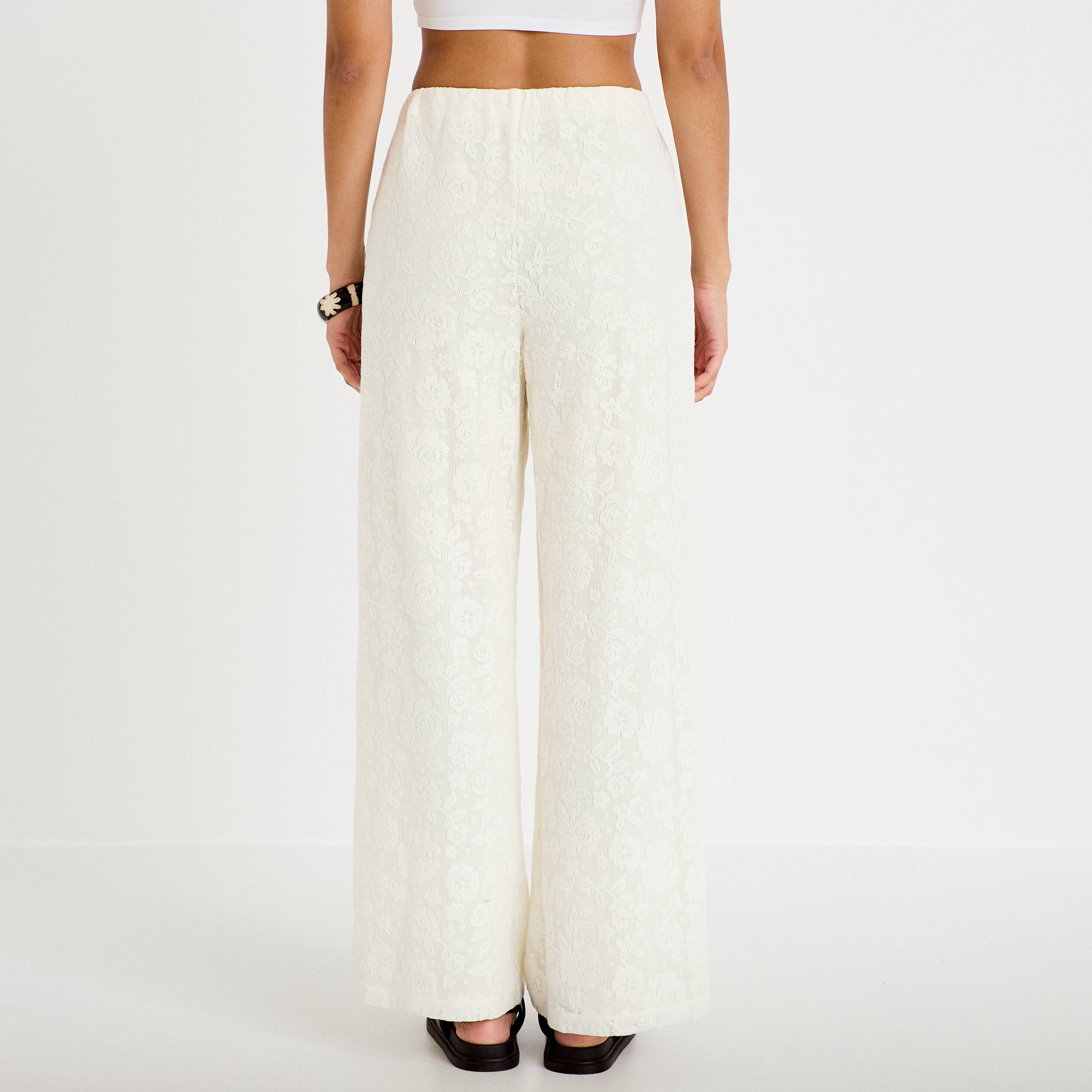 Pantalon large taille haute ecru femme