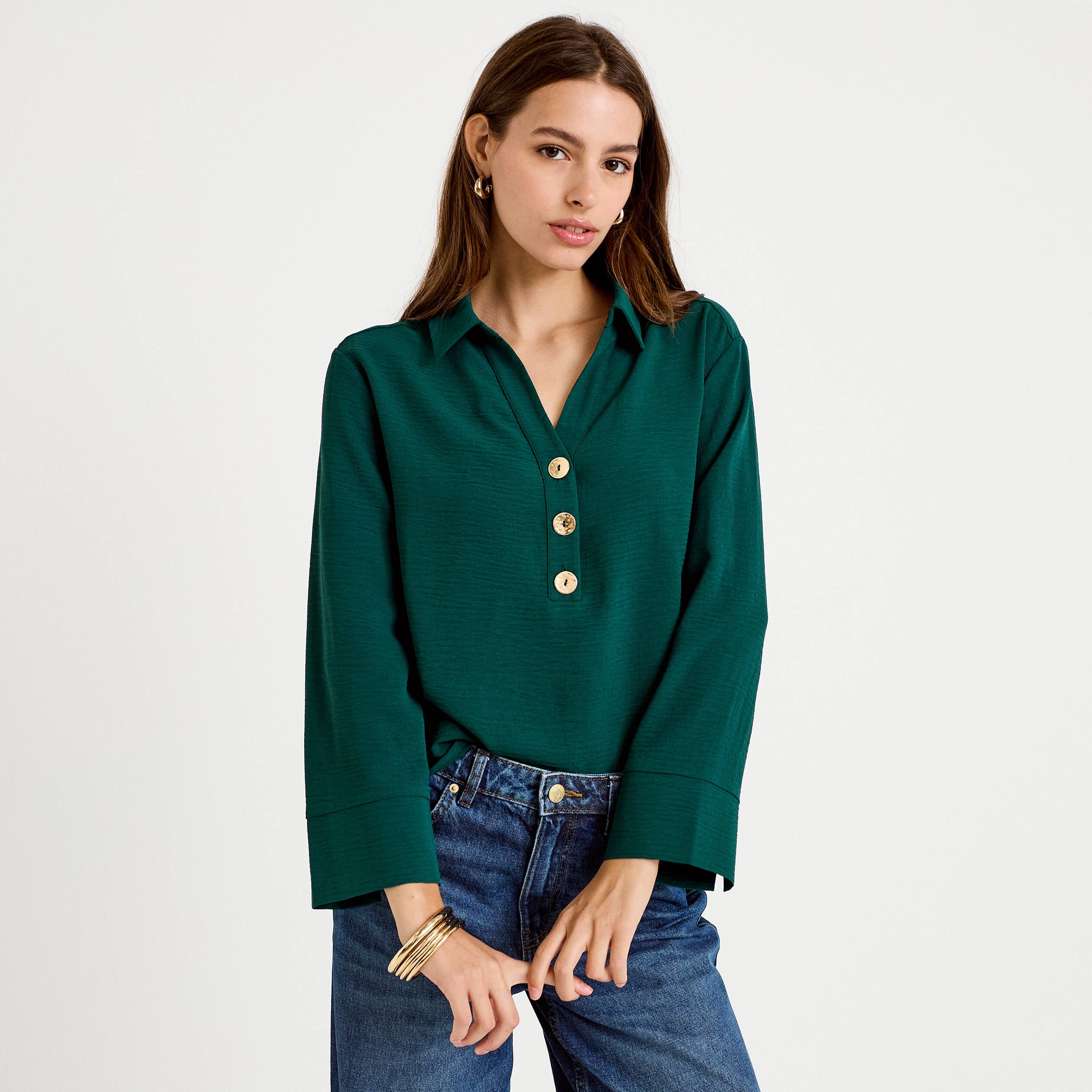 Blouse manches longues vert fonc&eacute; femme