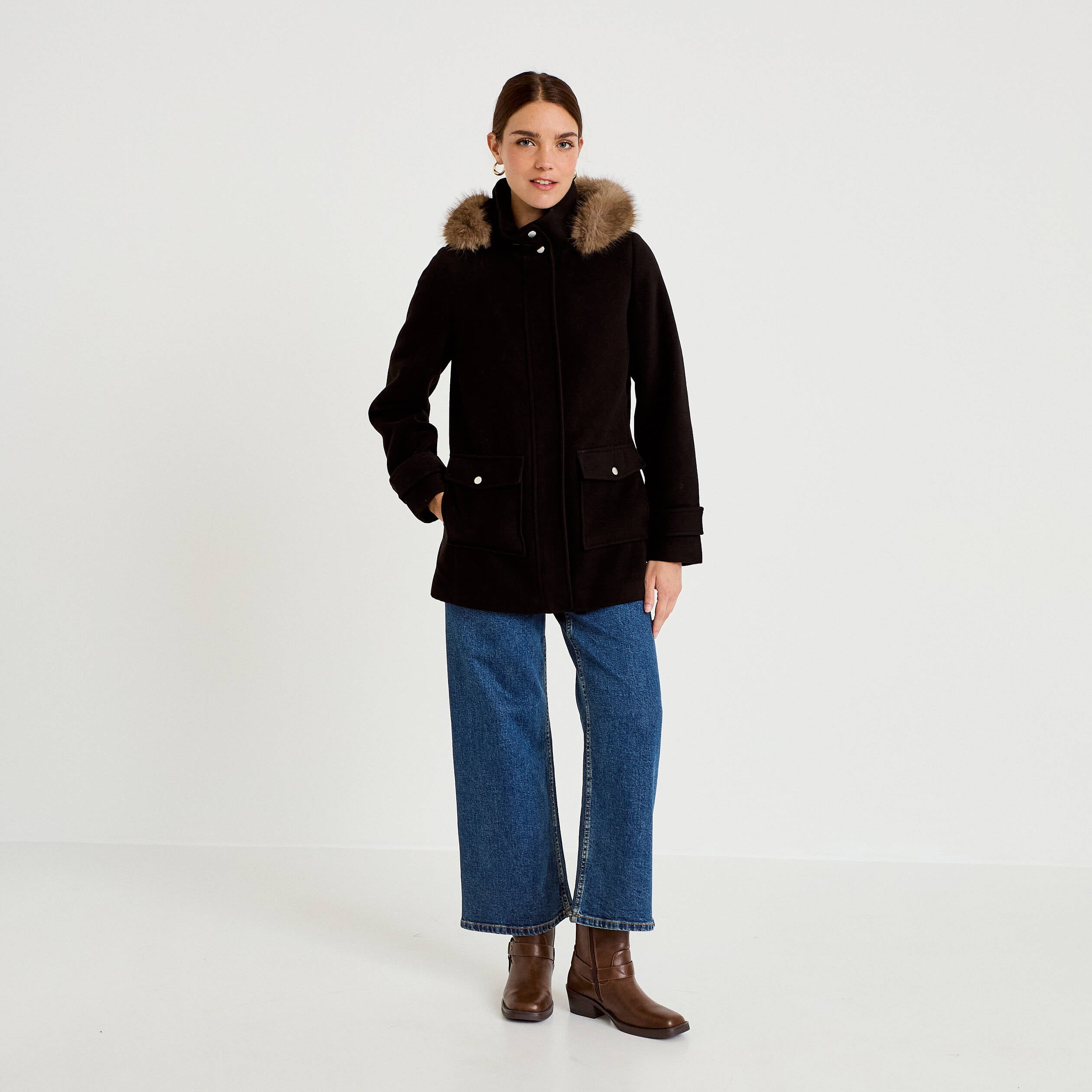 Manteau mi-long &agrave; capuche noir femme