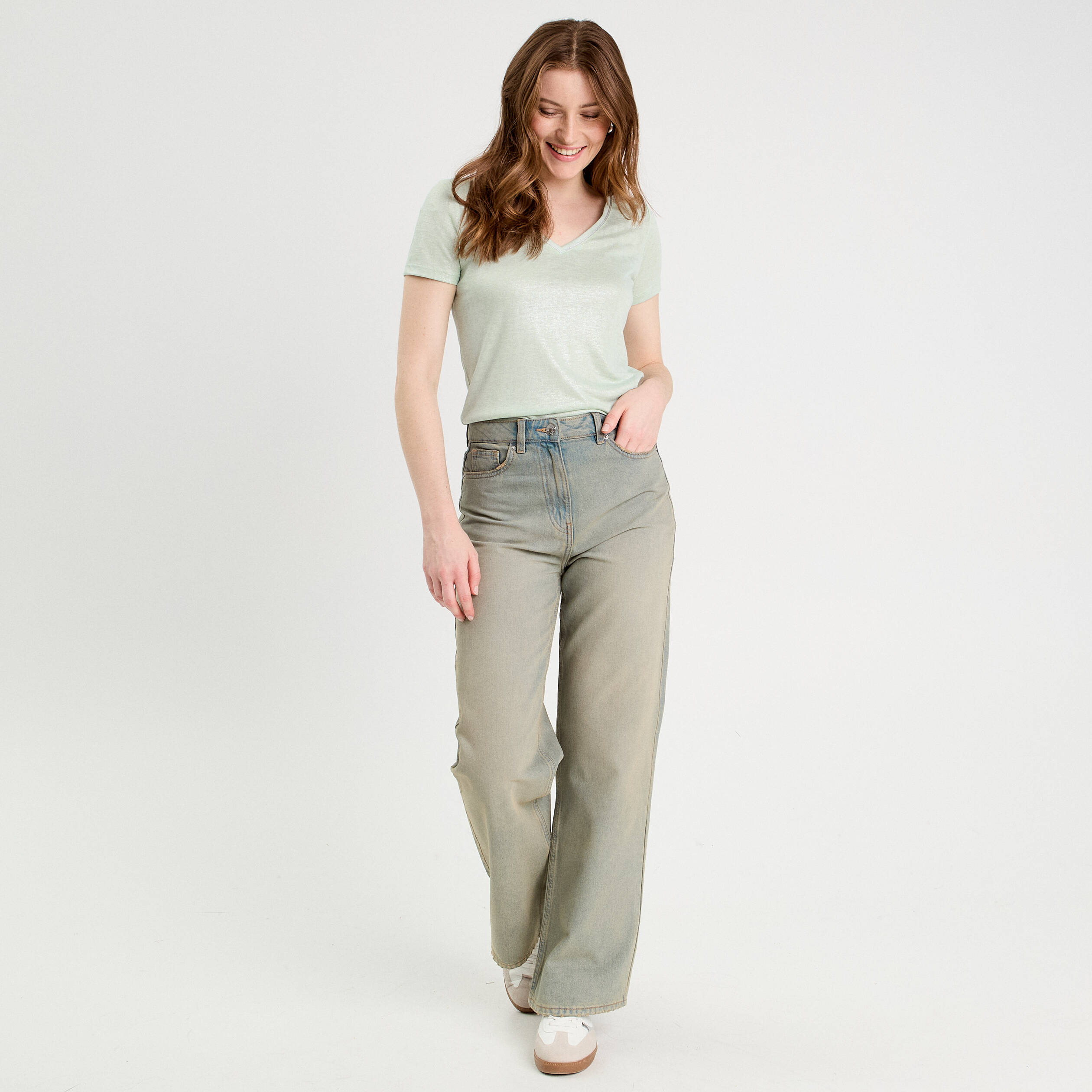 Haut Femme Manches Courtes Vert Pâle - Marque George, Taille 14, Col Trou De Serrure