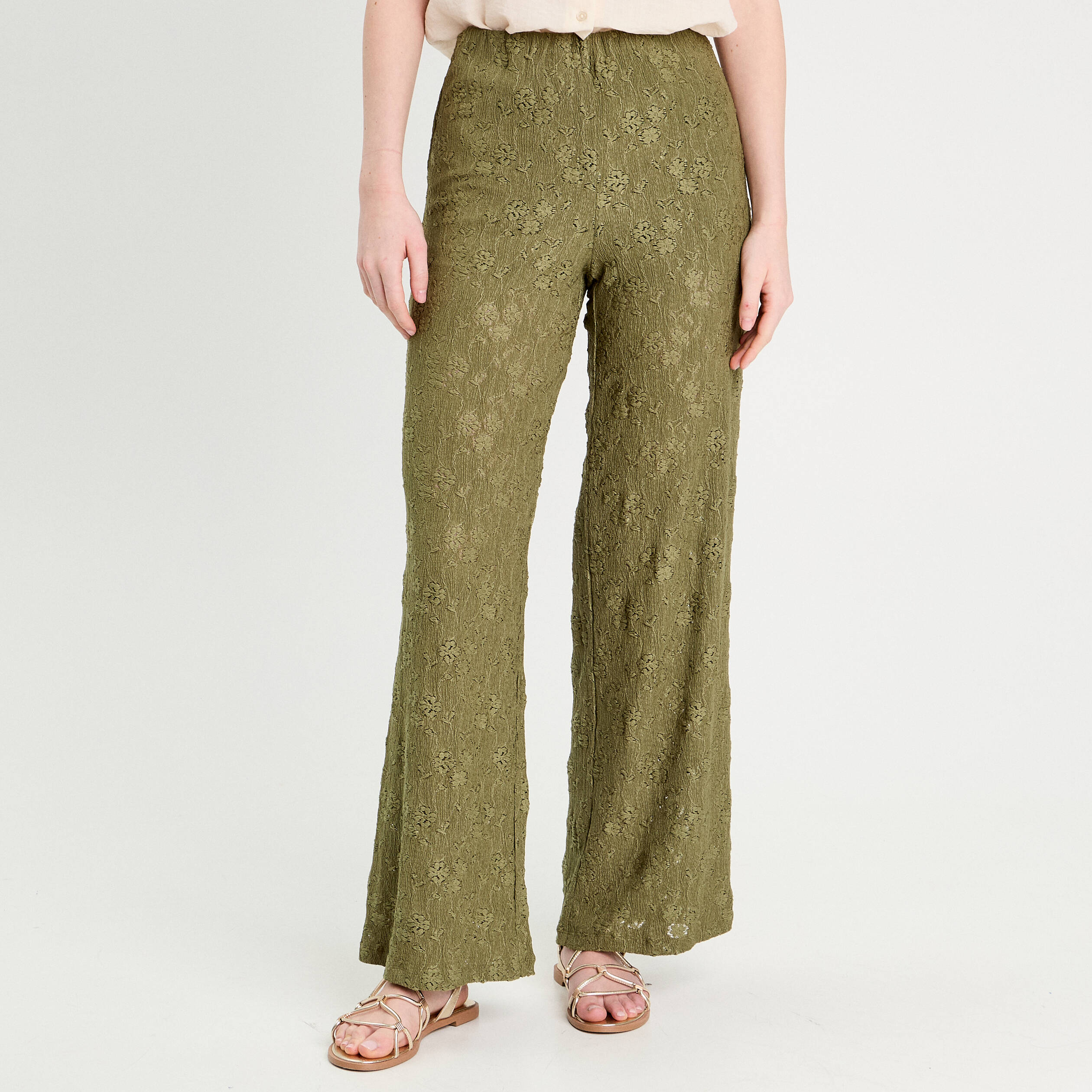 Pantalon large ajour&eacute; vert kaki femme