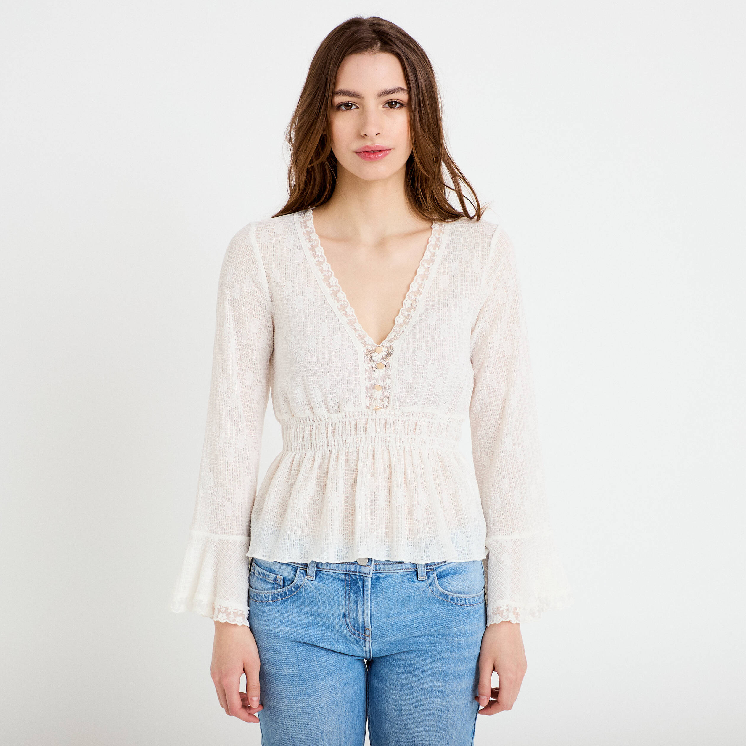 Blouse ajust&eacute;e col v manches longues ecru femme