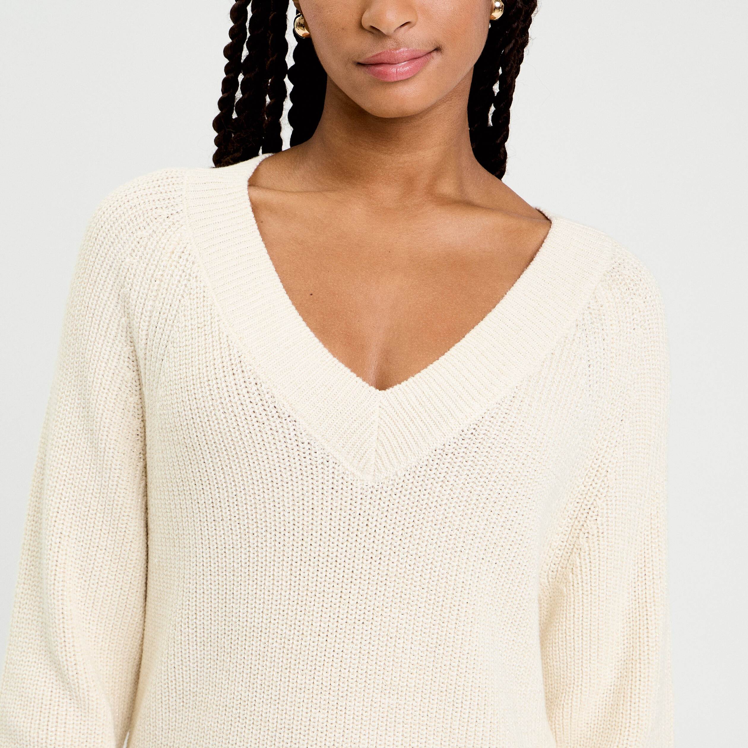 Pull col v manches longues ivoire femme