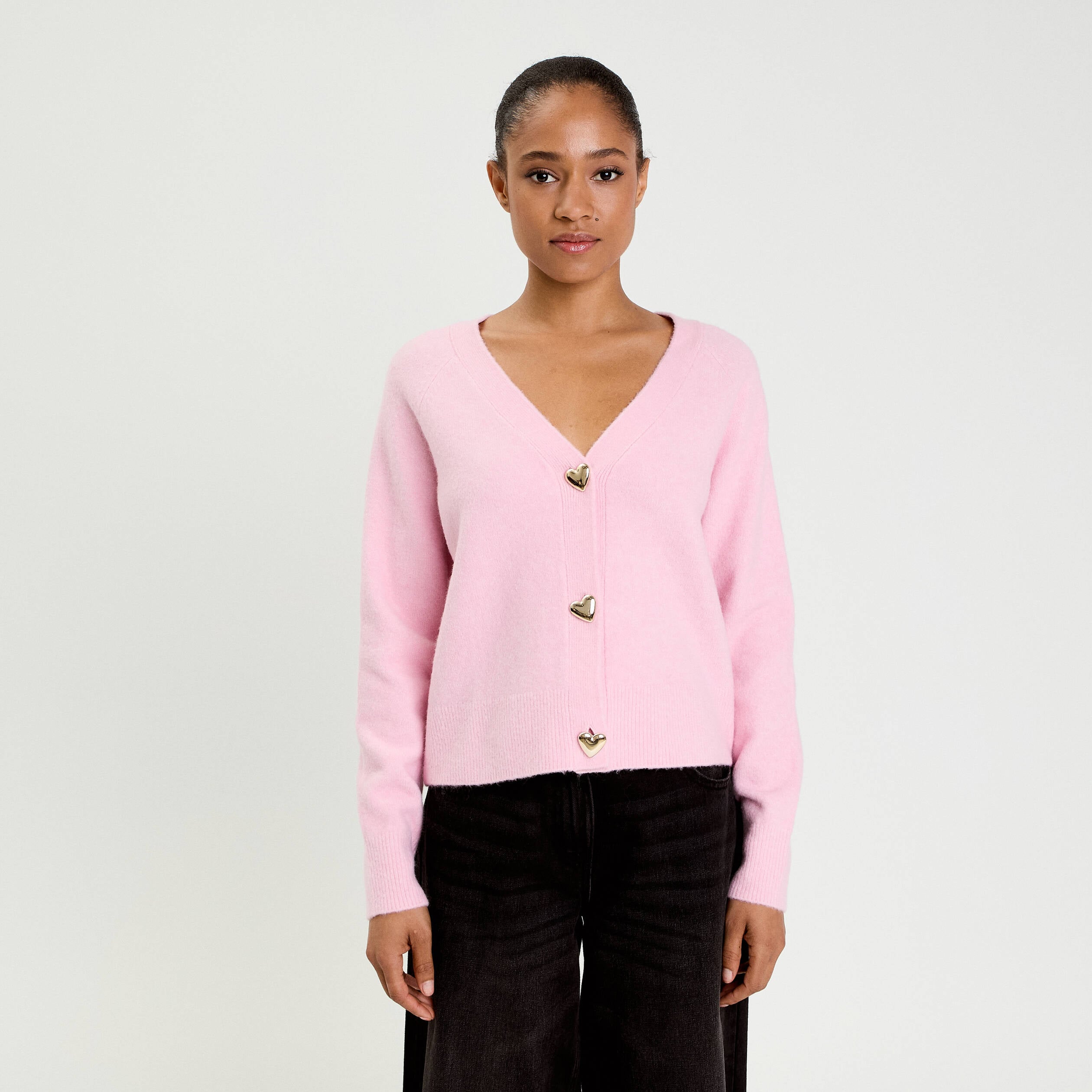 Gilet boutons coeur rose poudr&eacute;e femme