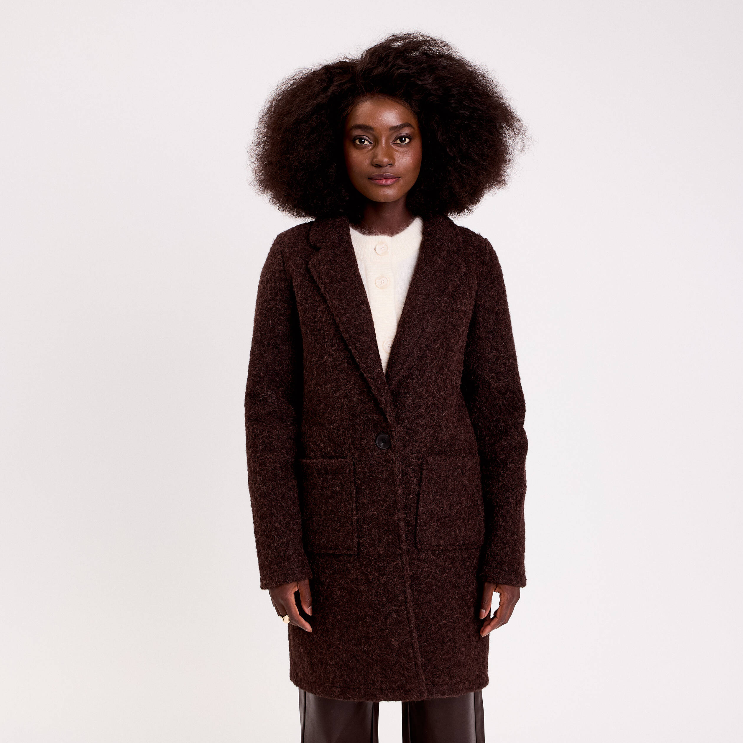 Manteau bouclette marron fonc&eacute; femme