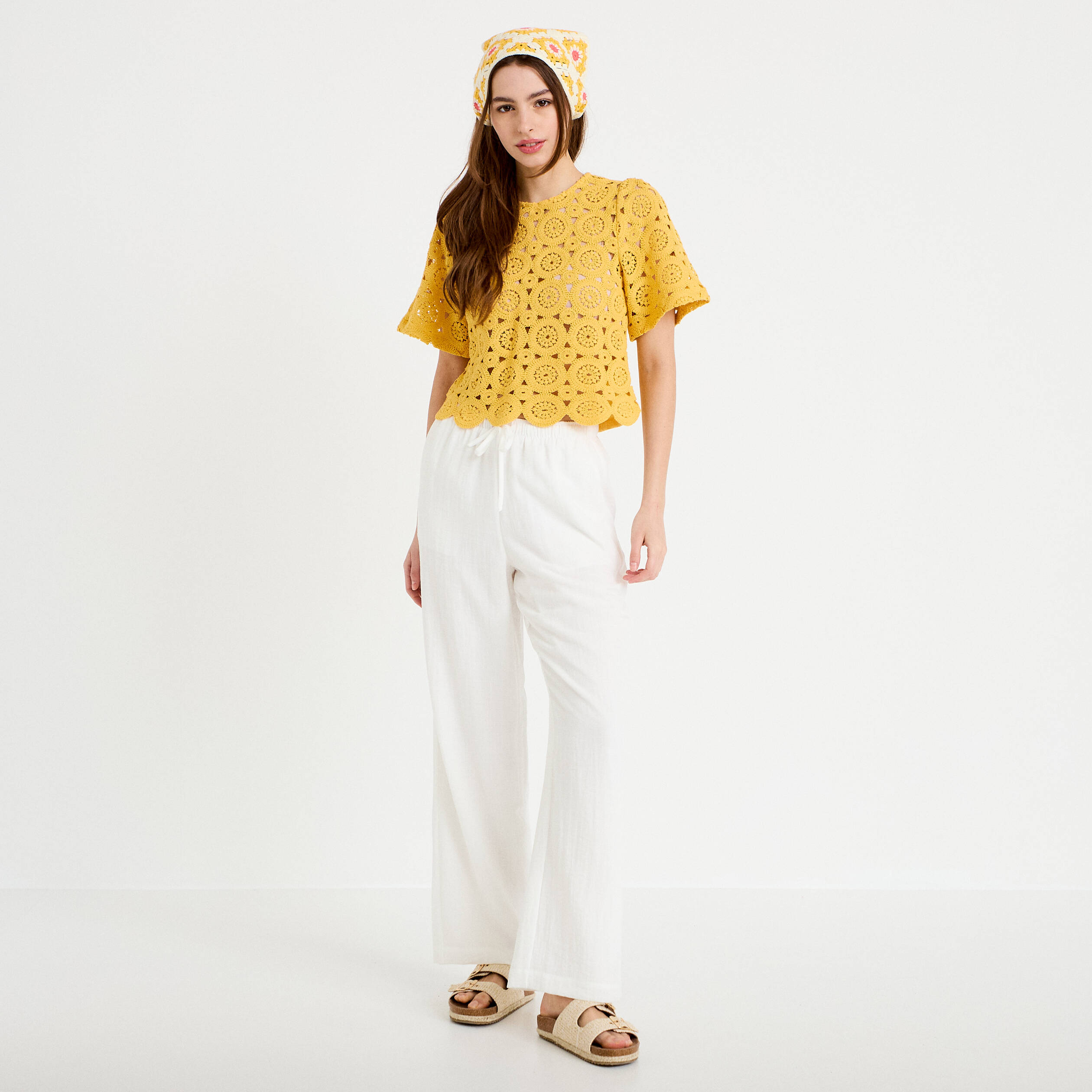 Pantalon large fluide taille &eacute;lastiqu&eacute;e ecru femme