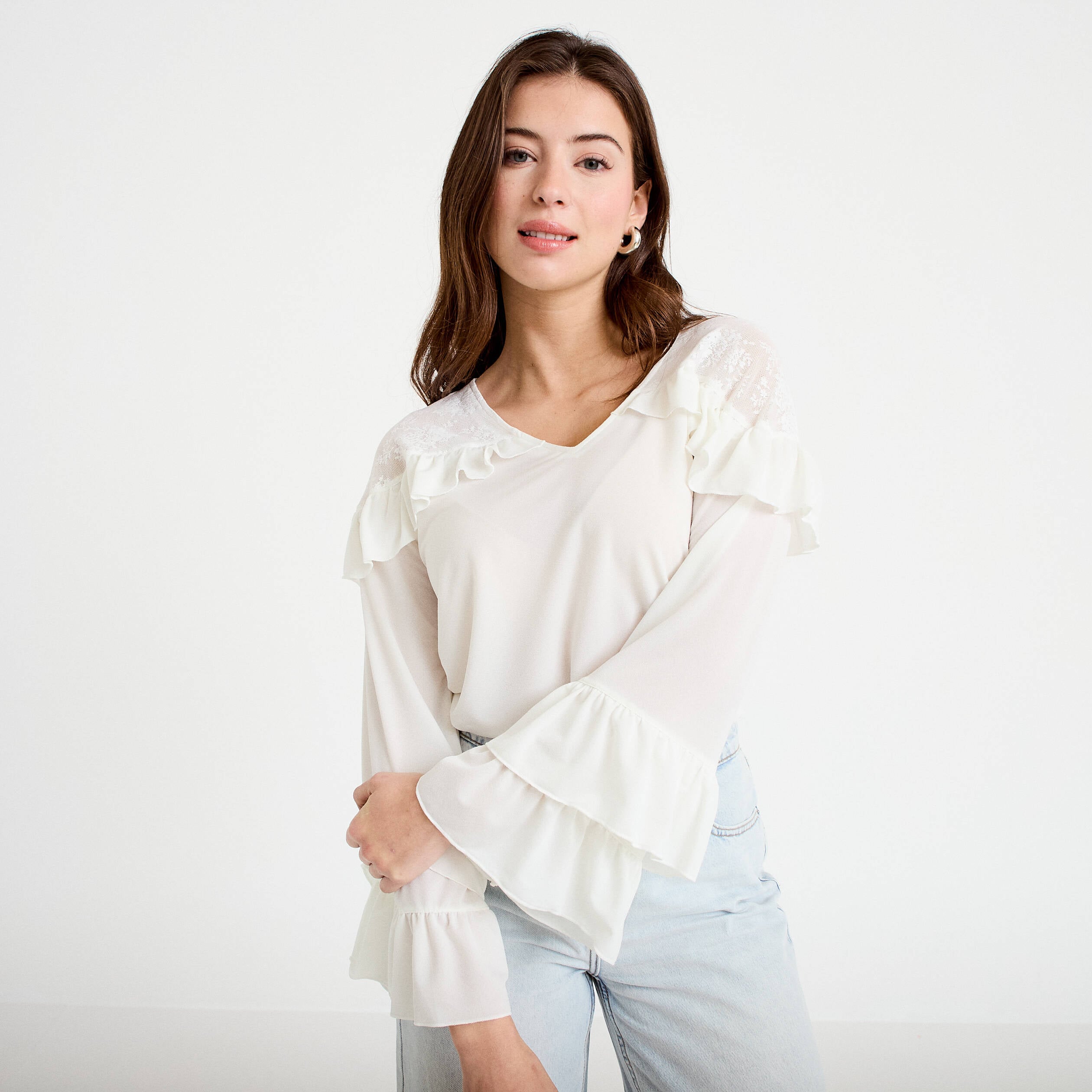 Blouse col v manches longues dentelle ecru femme