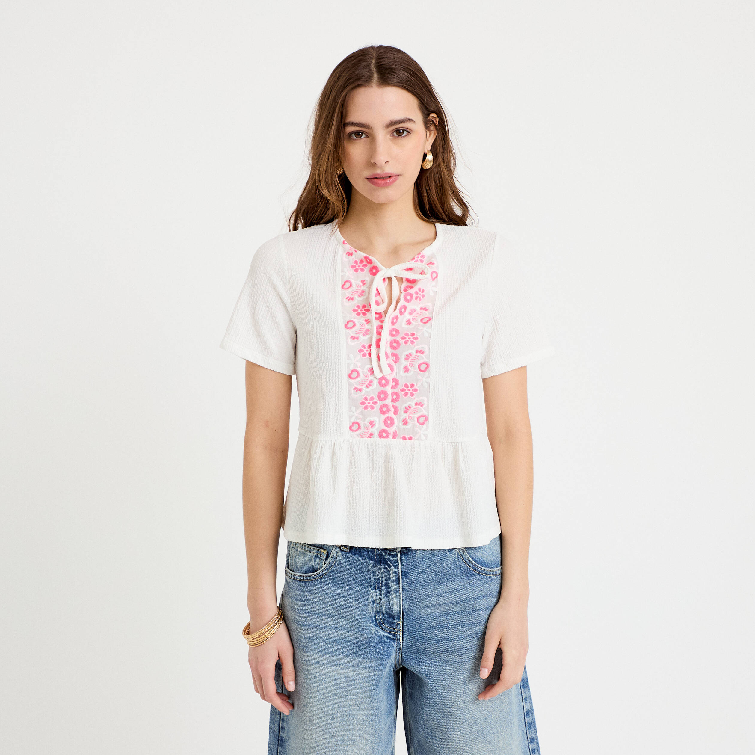 Blouse brod&eacute;e ecru femme