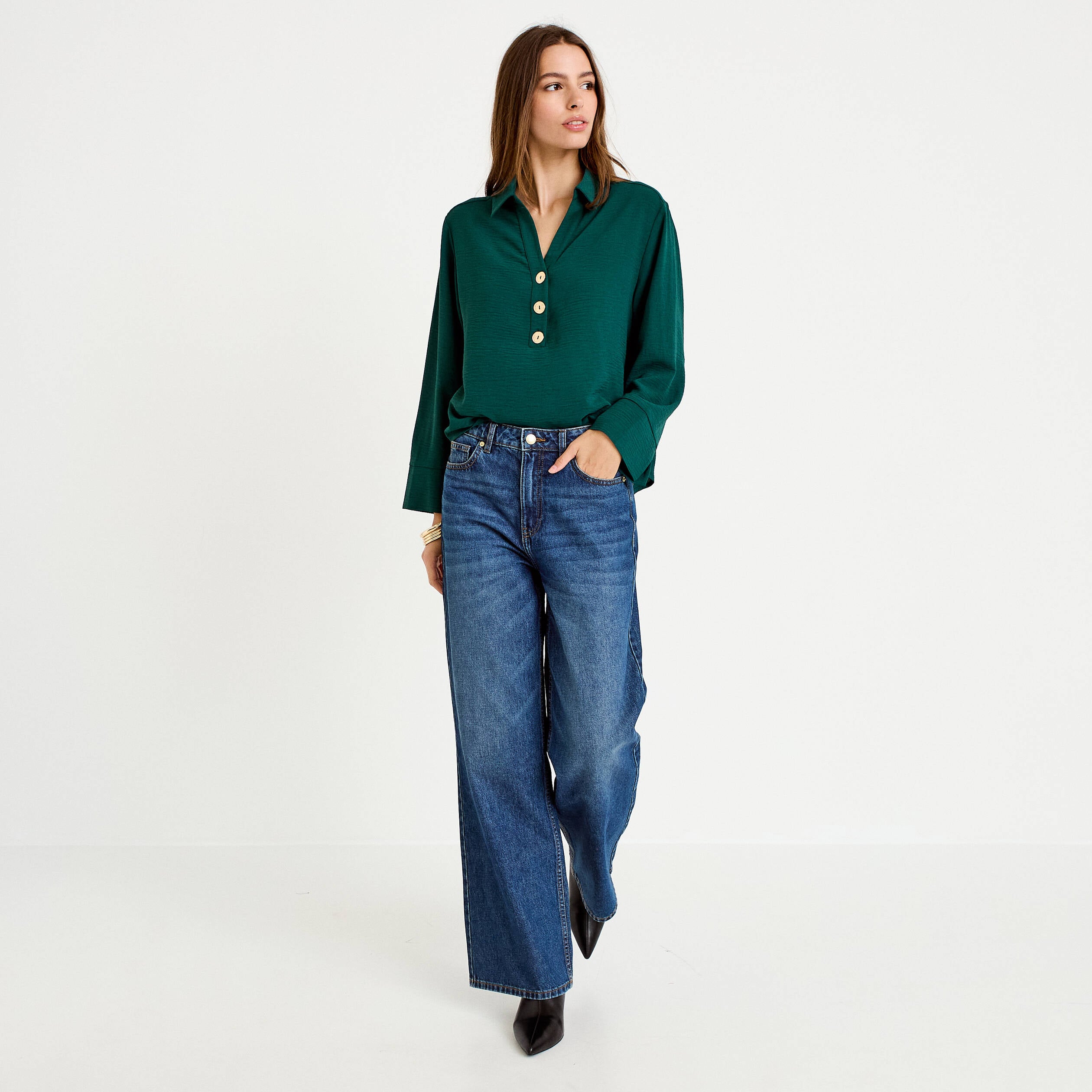 Blouse manches longues vert fonc&eacute; femme