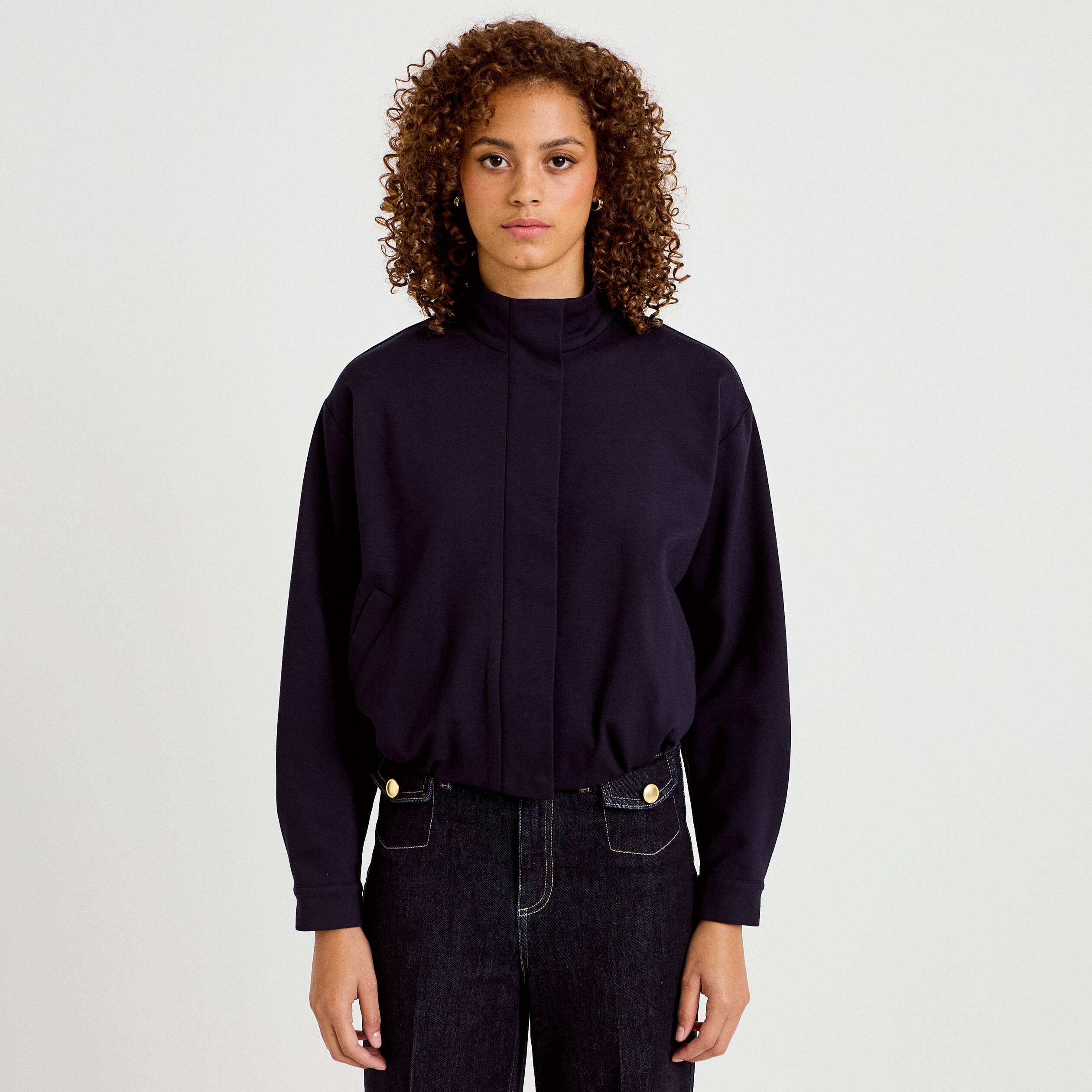 Veste cropped bas resserr&eacute; bleu marine femme