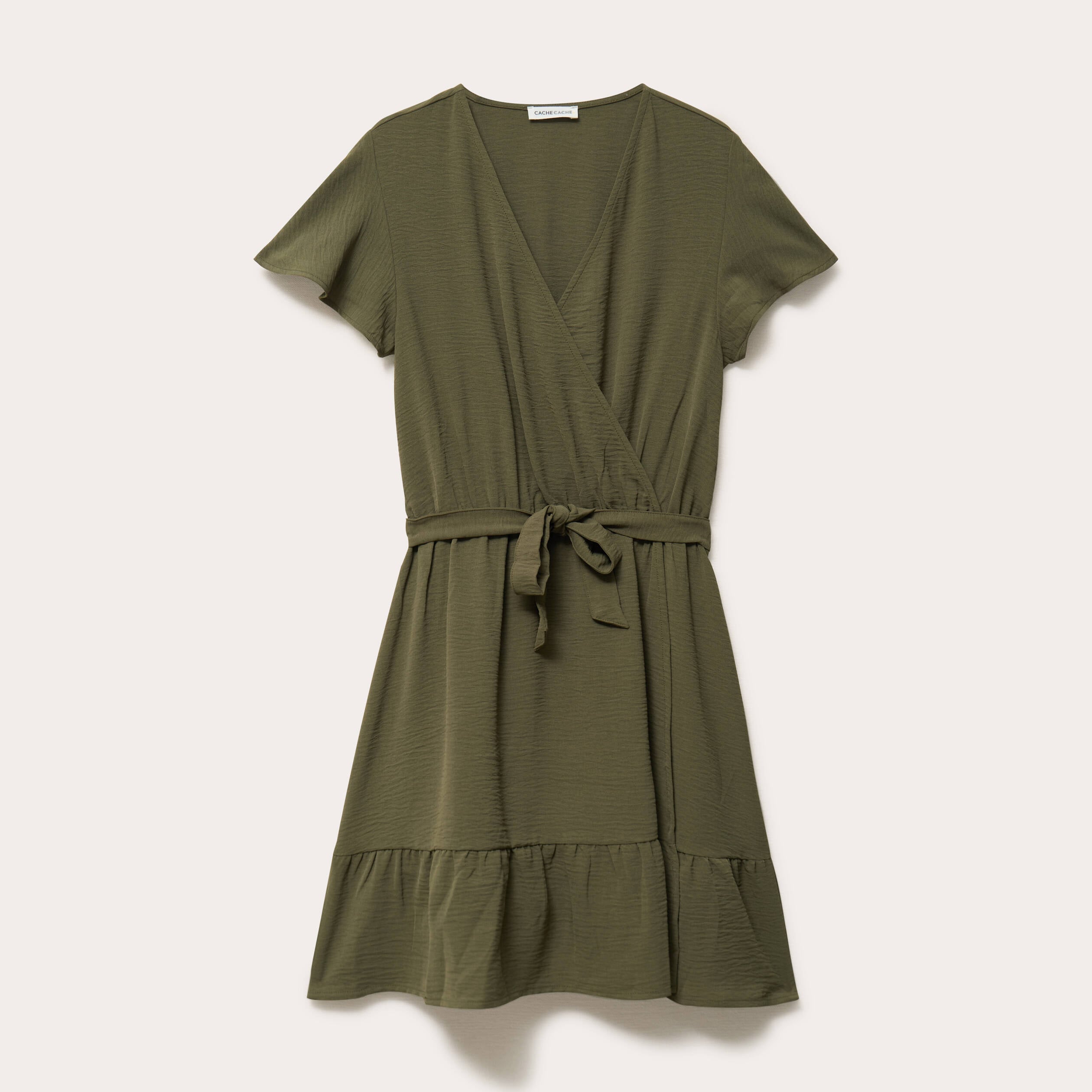 Robe courte &eacute;vas&eacute;e col v manches courtes vert kaki femme