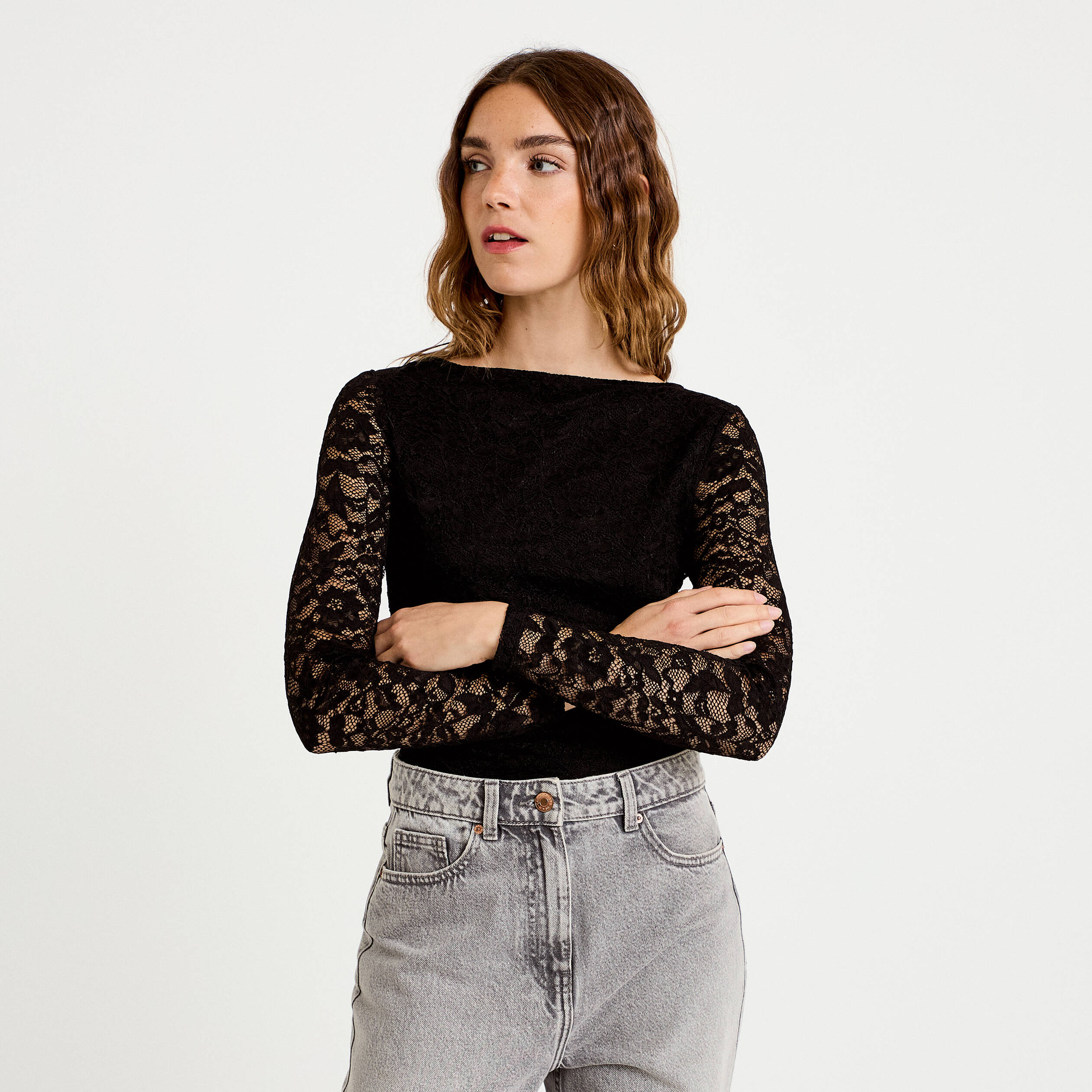 Body ajust&eacute; dentelle col bateau noir femme