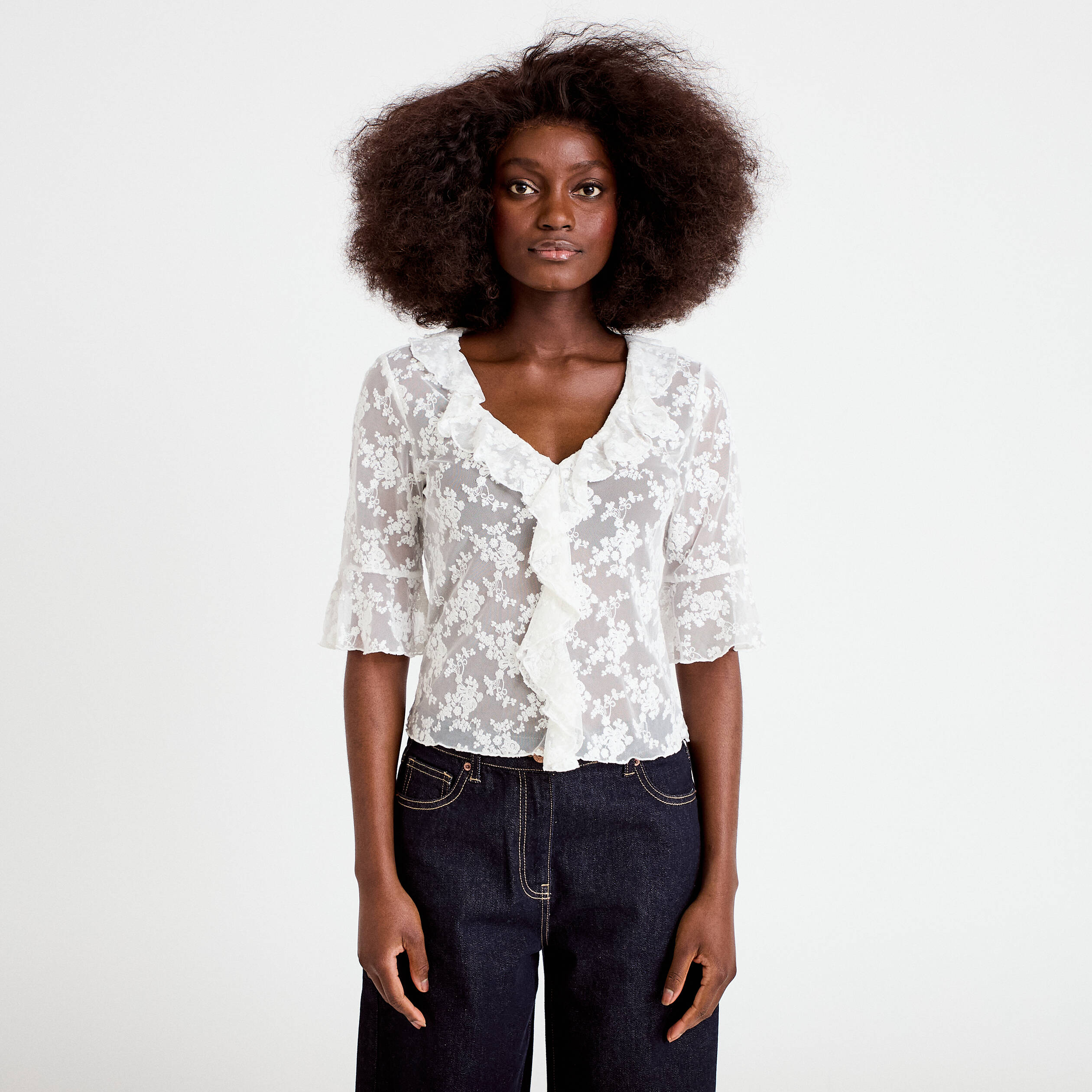 Blouse dentelle &agrave; volants ecru femme