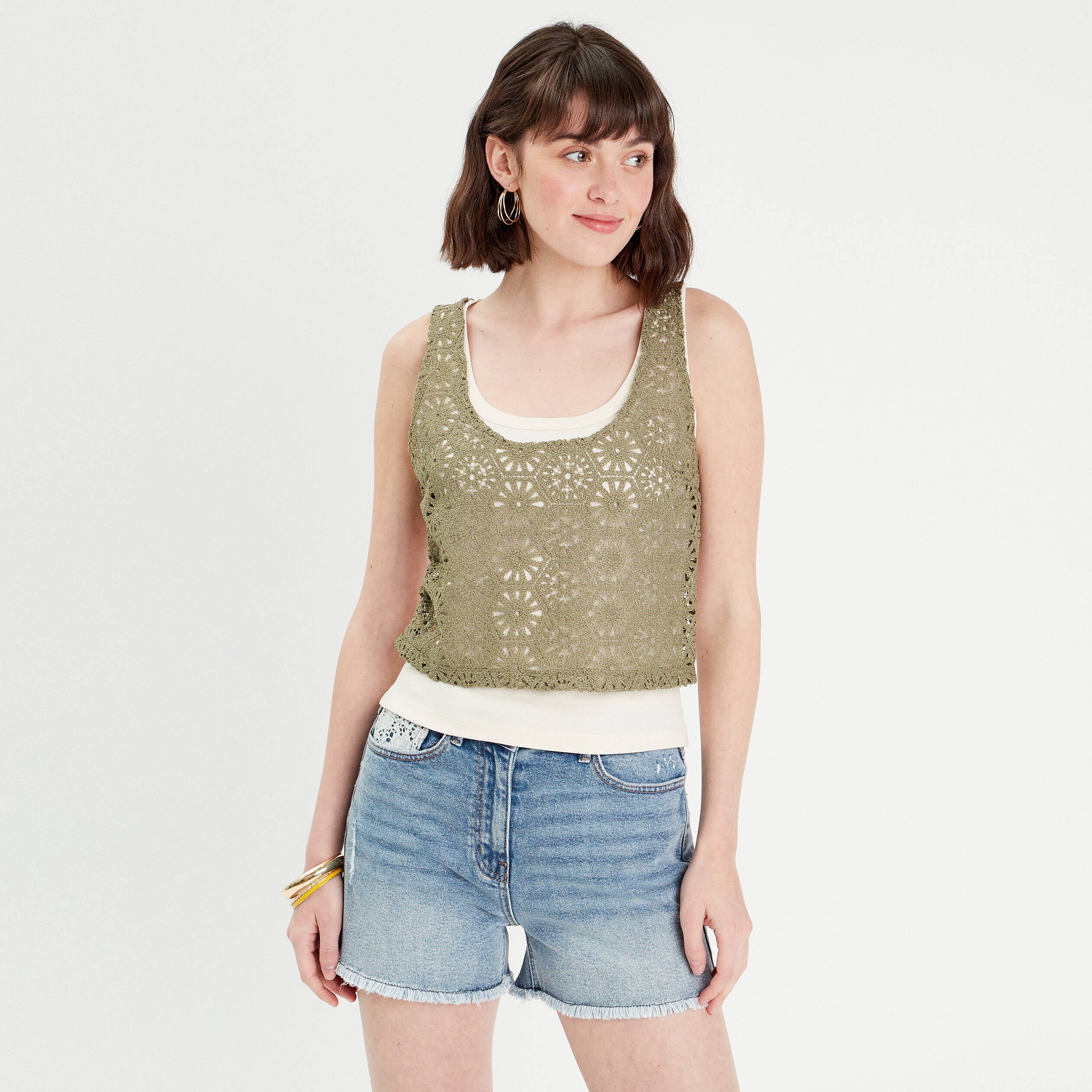D&eacute;bardeur 2-en-1 crochet vert kaki femme