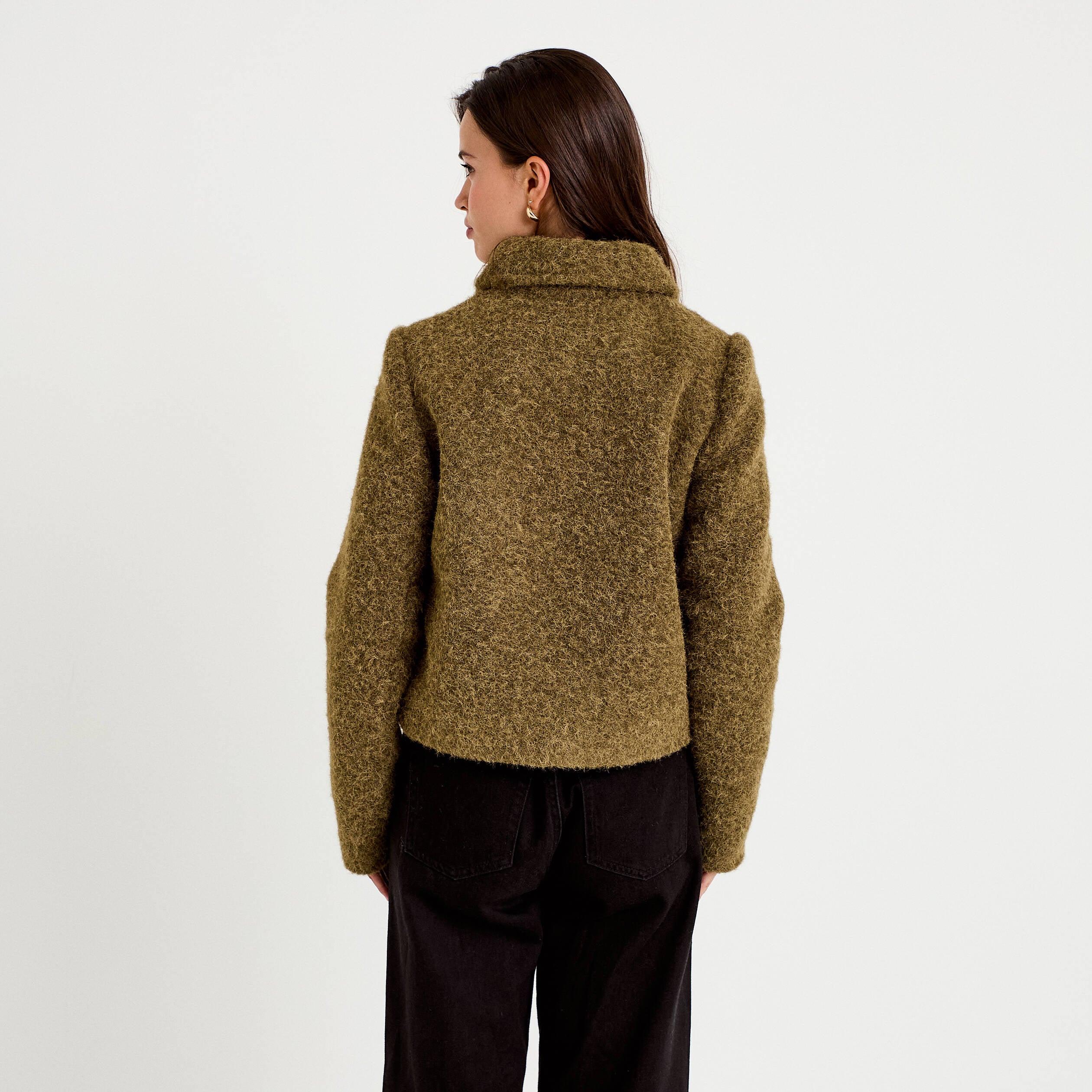 Veste droite bouclette col classique vert kaki femme