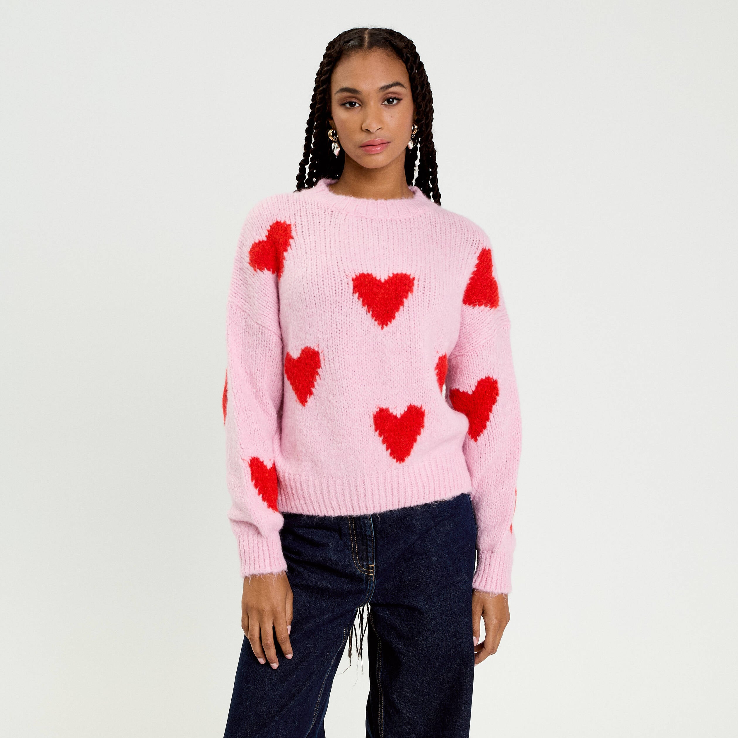 Pull oversize motif coeurs rose clair femme