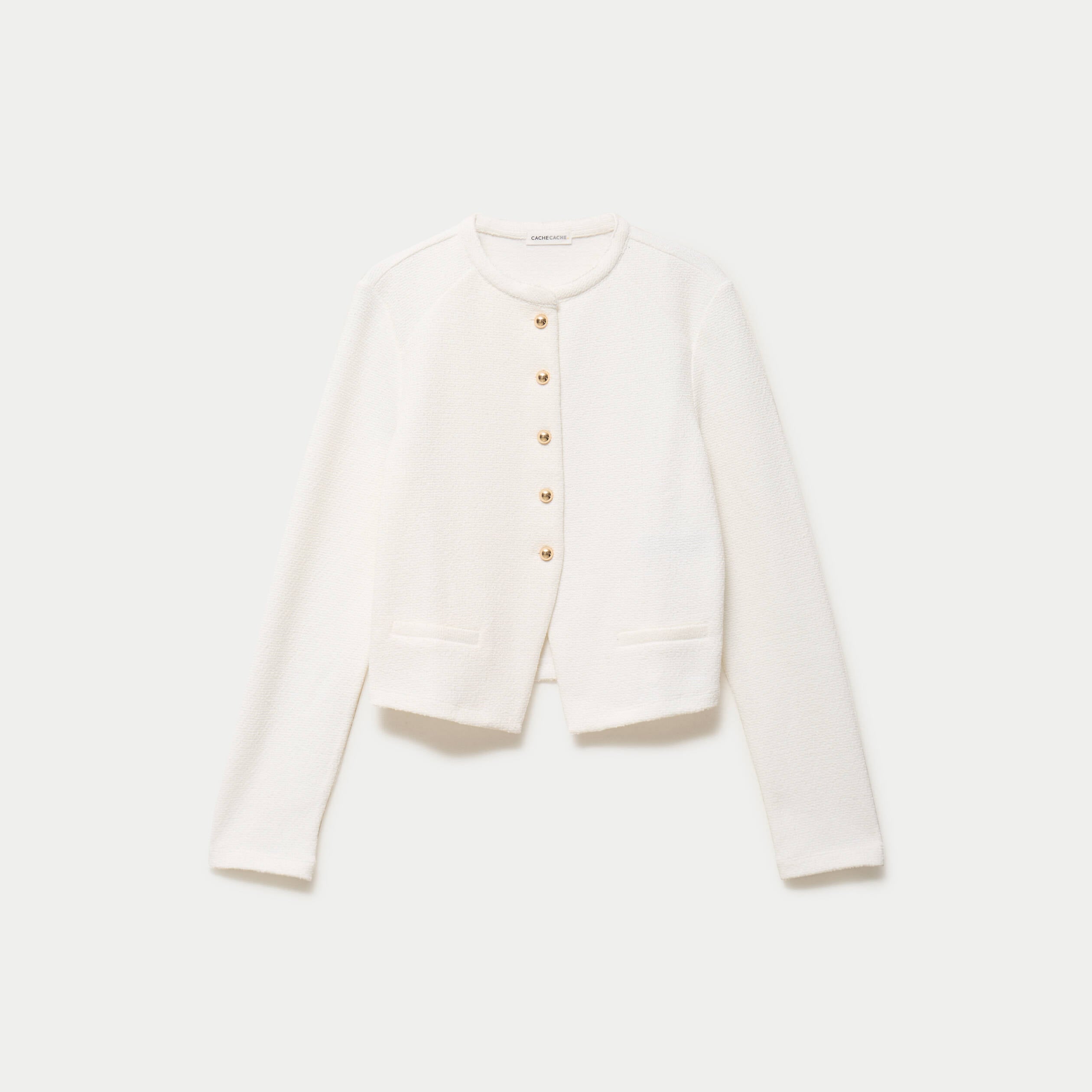 Veste tweed droite cropped col rond ecru femme