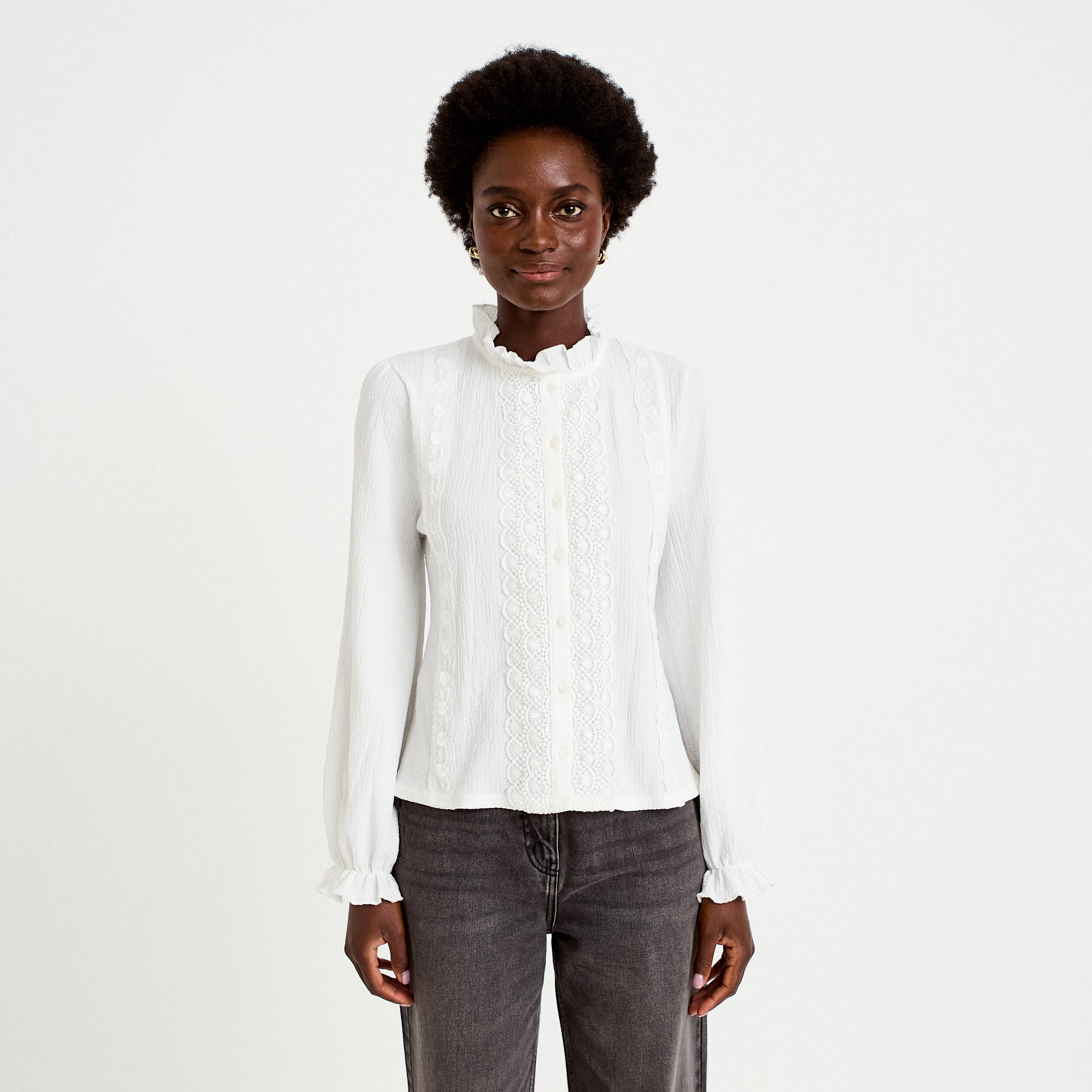 Blouse droite col montant dentelle ecru femme