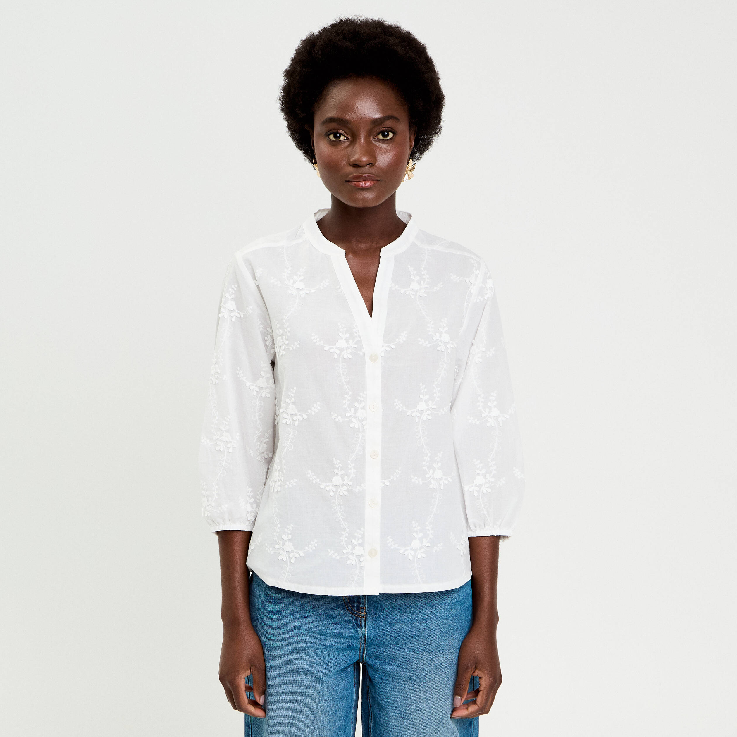 Blouse brod&eacute;e col mao manches 3/4 ecru femme