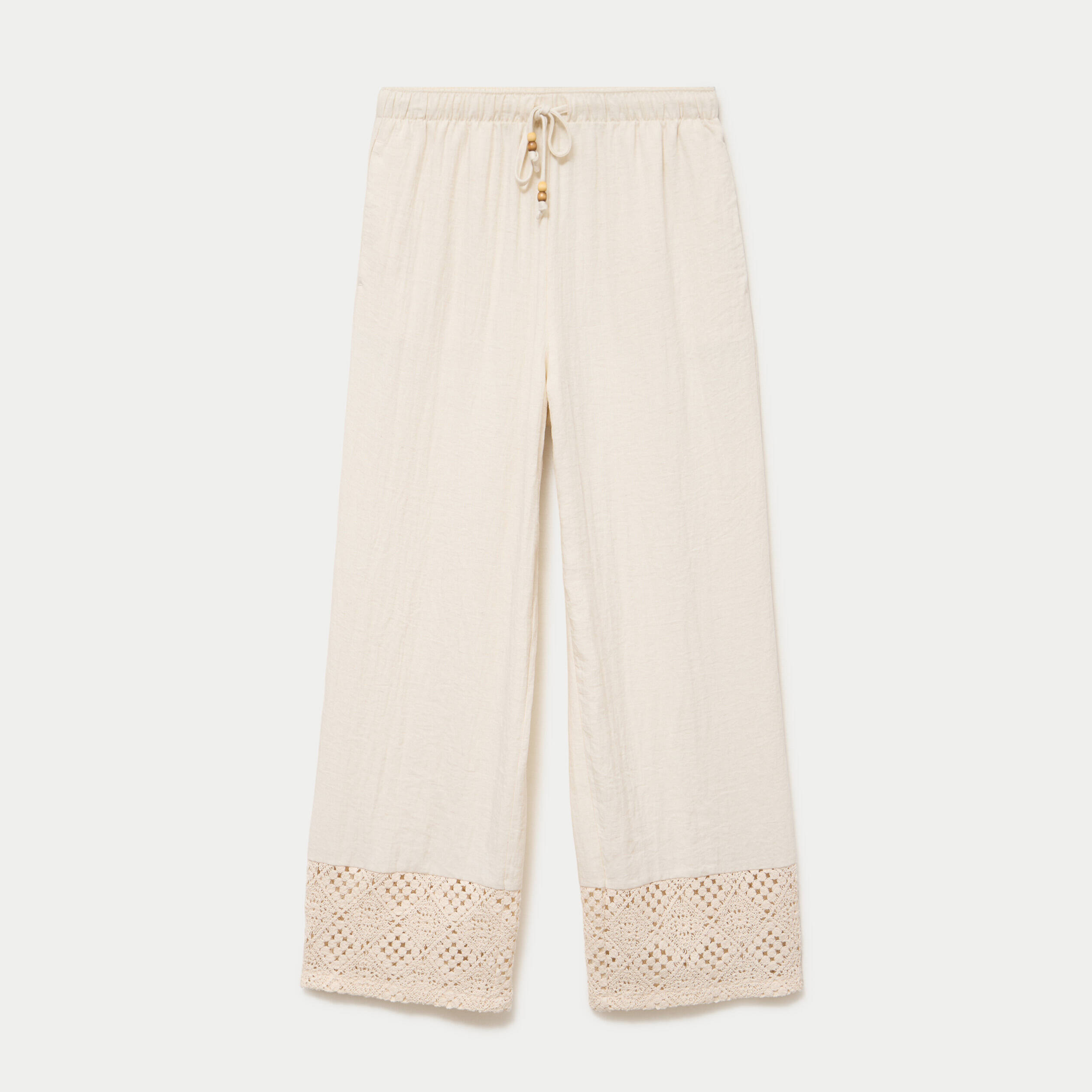 Pantalon large bi-mati&egrave;re pliss&eacute; ecru femme