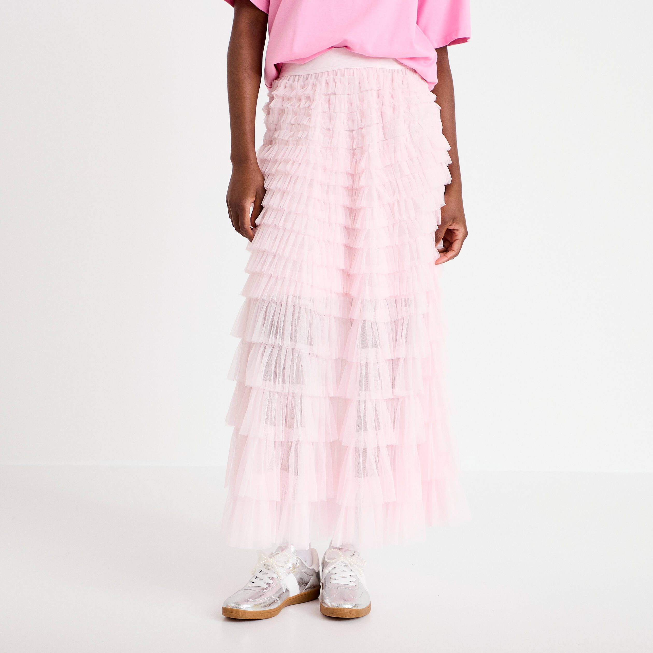 Jupe longue &eacute;vas&eacute;e rose clair femme