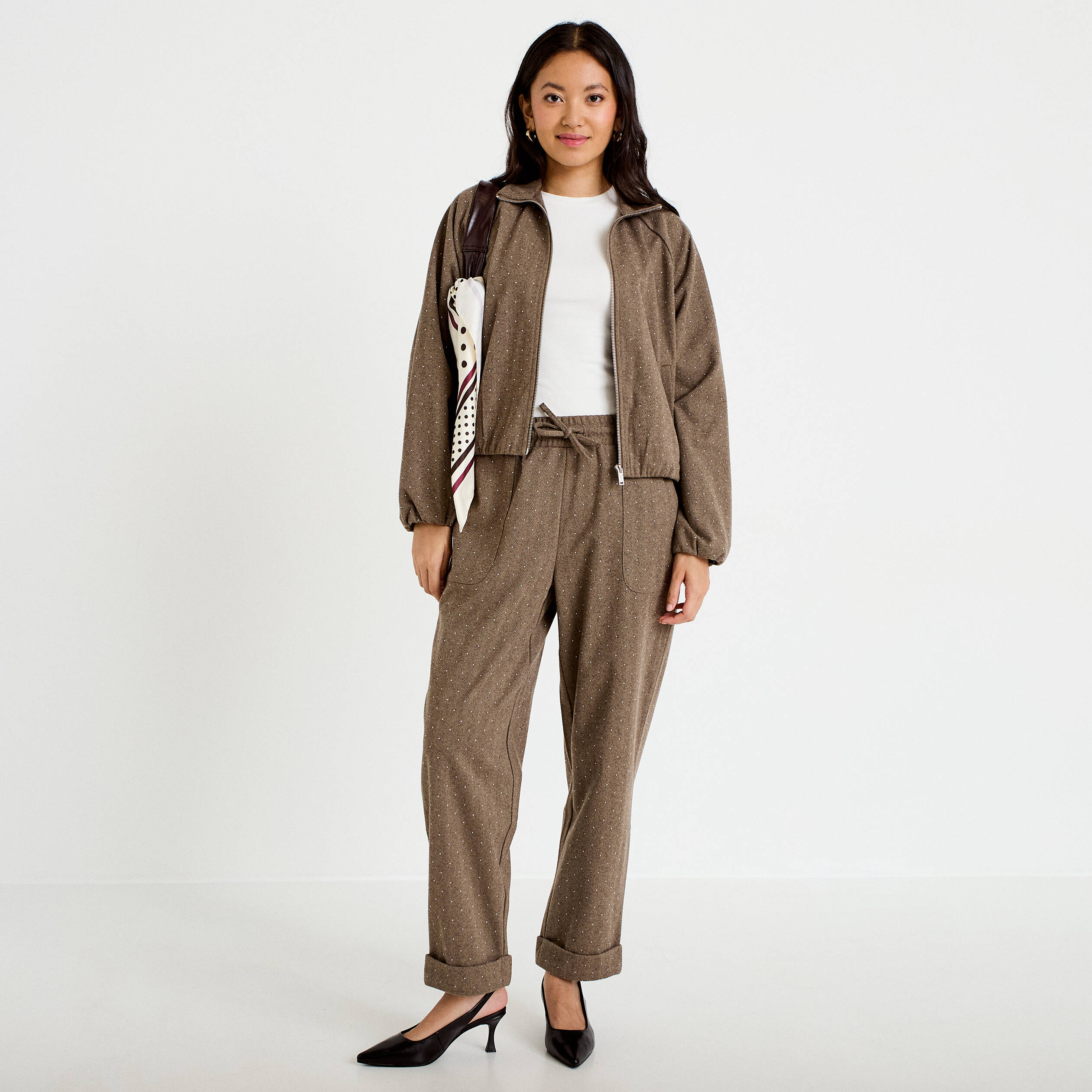 Jogging jegging en maille taupe femme
