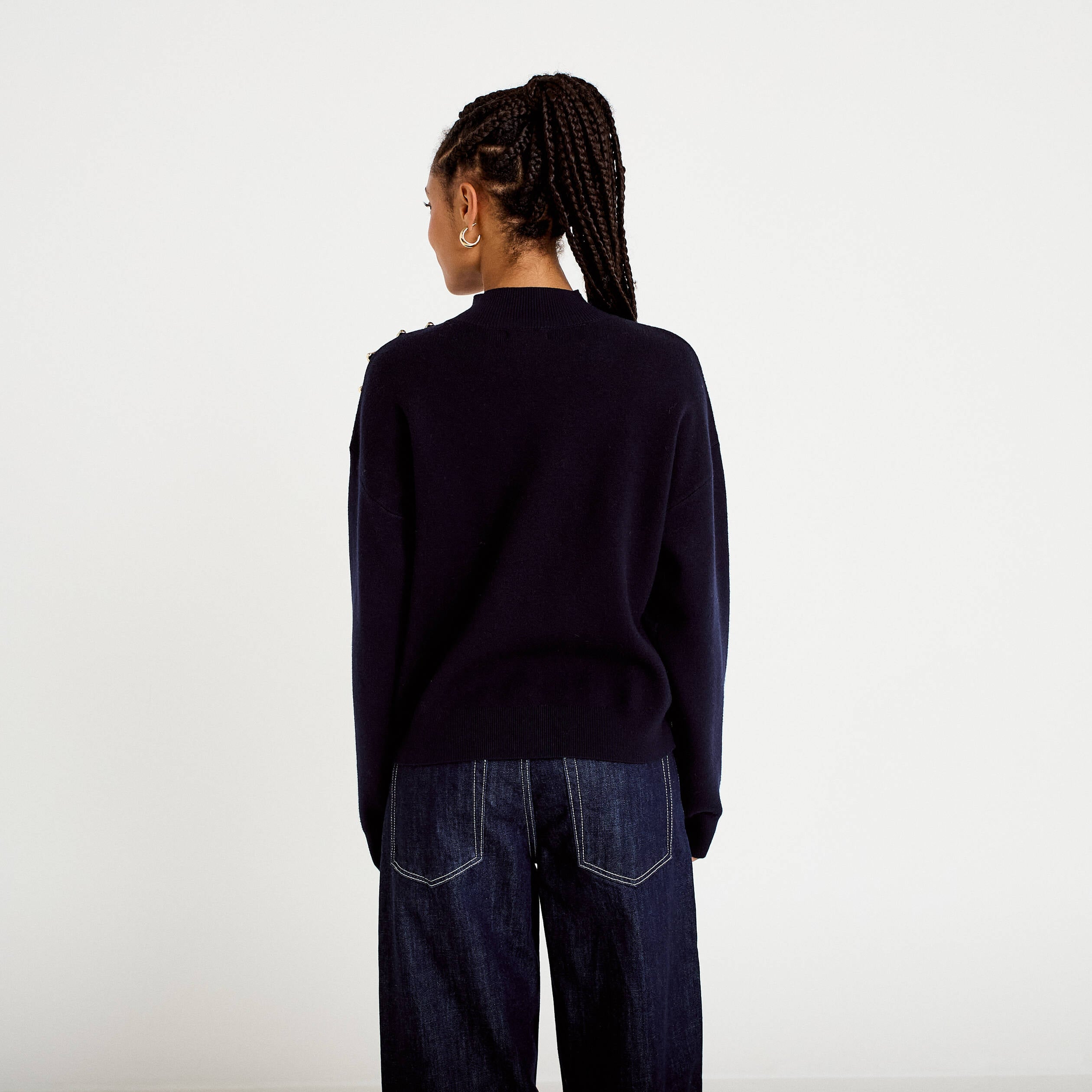Pull col montant manches longues bleu marine femme