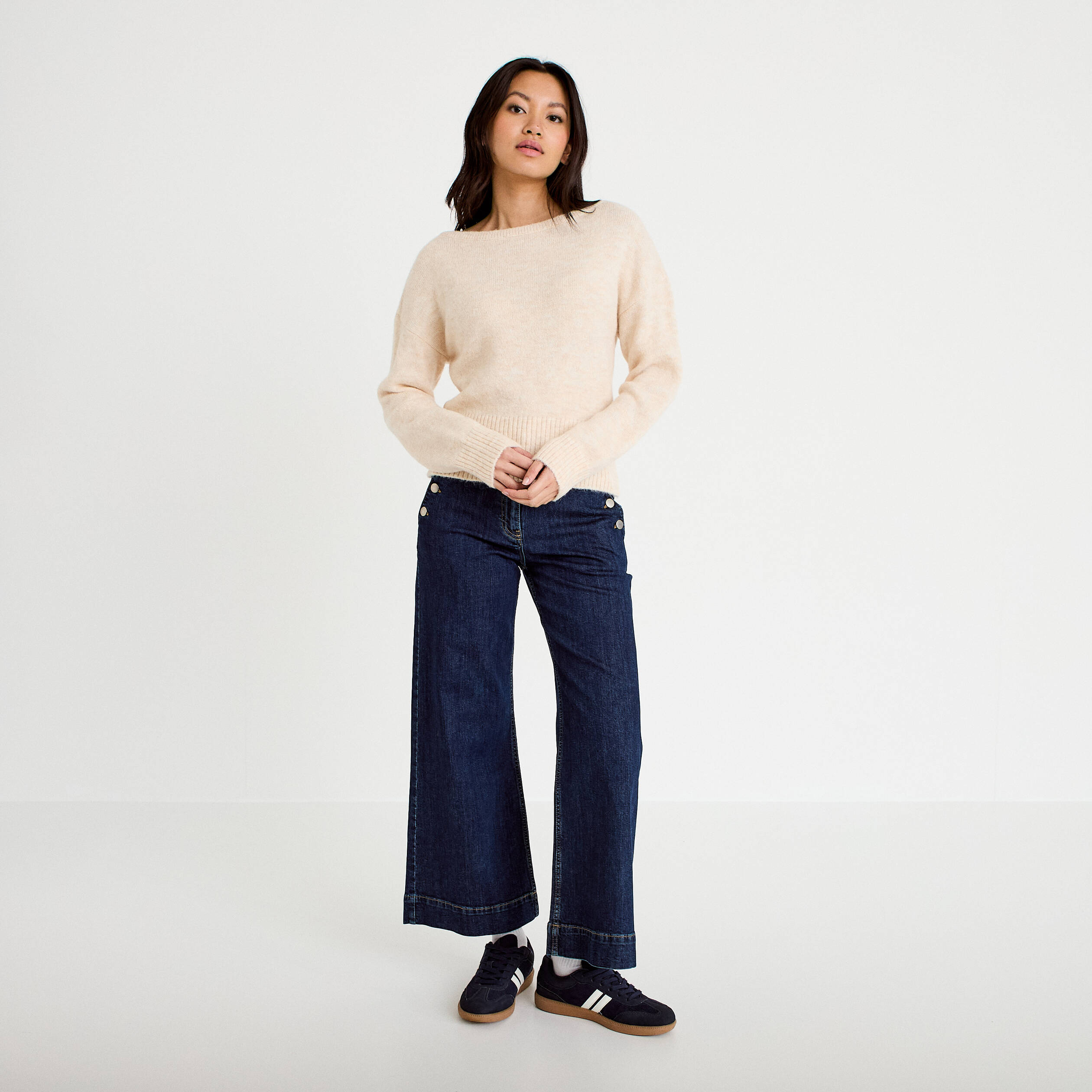 Pull col bateau beige femme