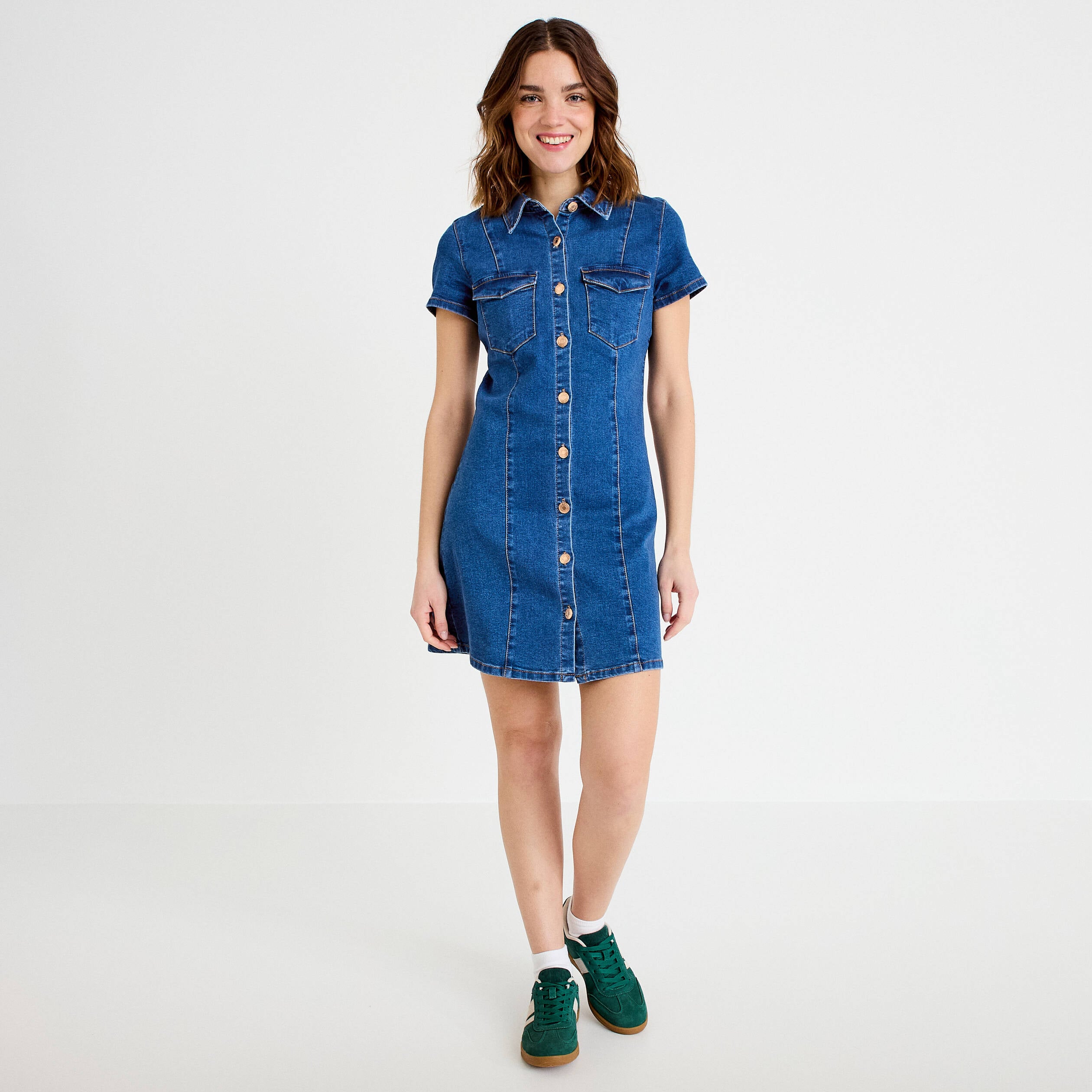 Robe trap&egrave;ze courte en jean col chemise denim double stone femme