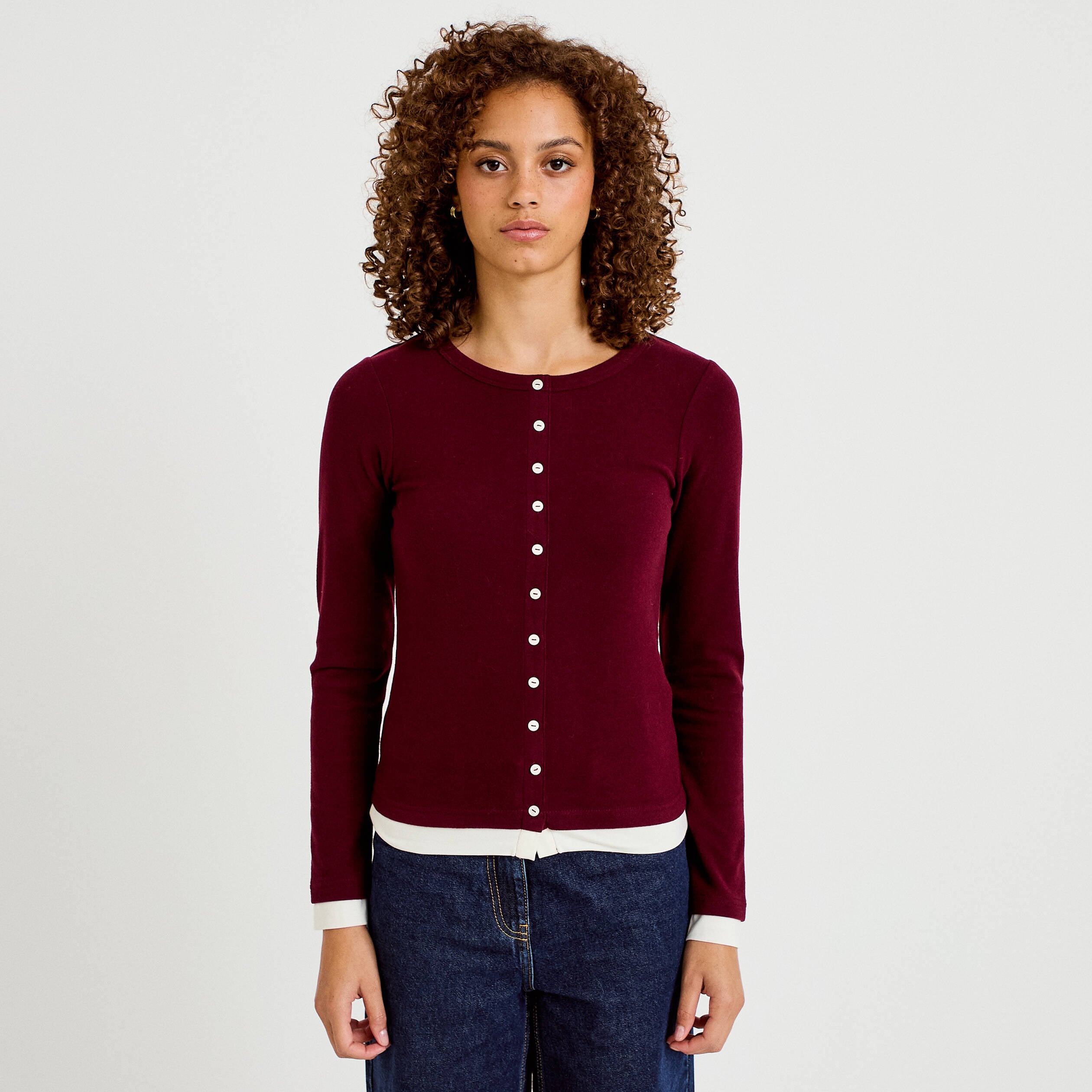 Top col rond manches longues bordeaux femme