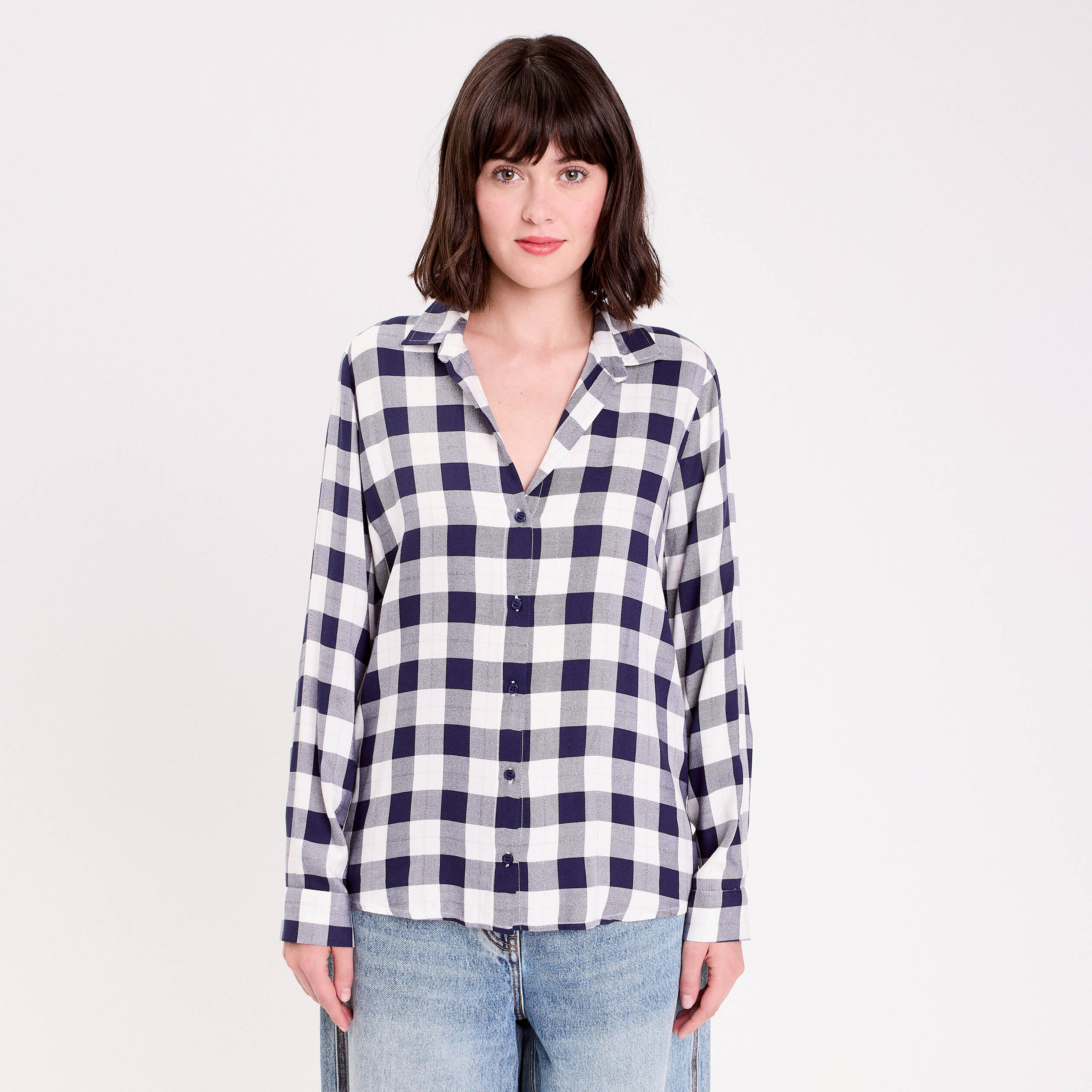 Chemise &agrave; carreaux fils m&eacute;tallis&eacute;s bleu femme