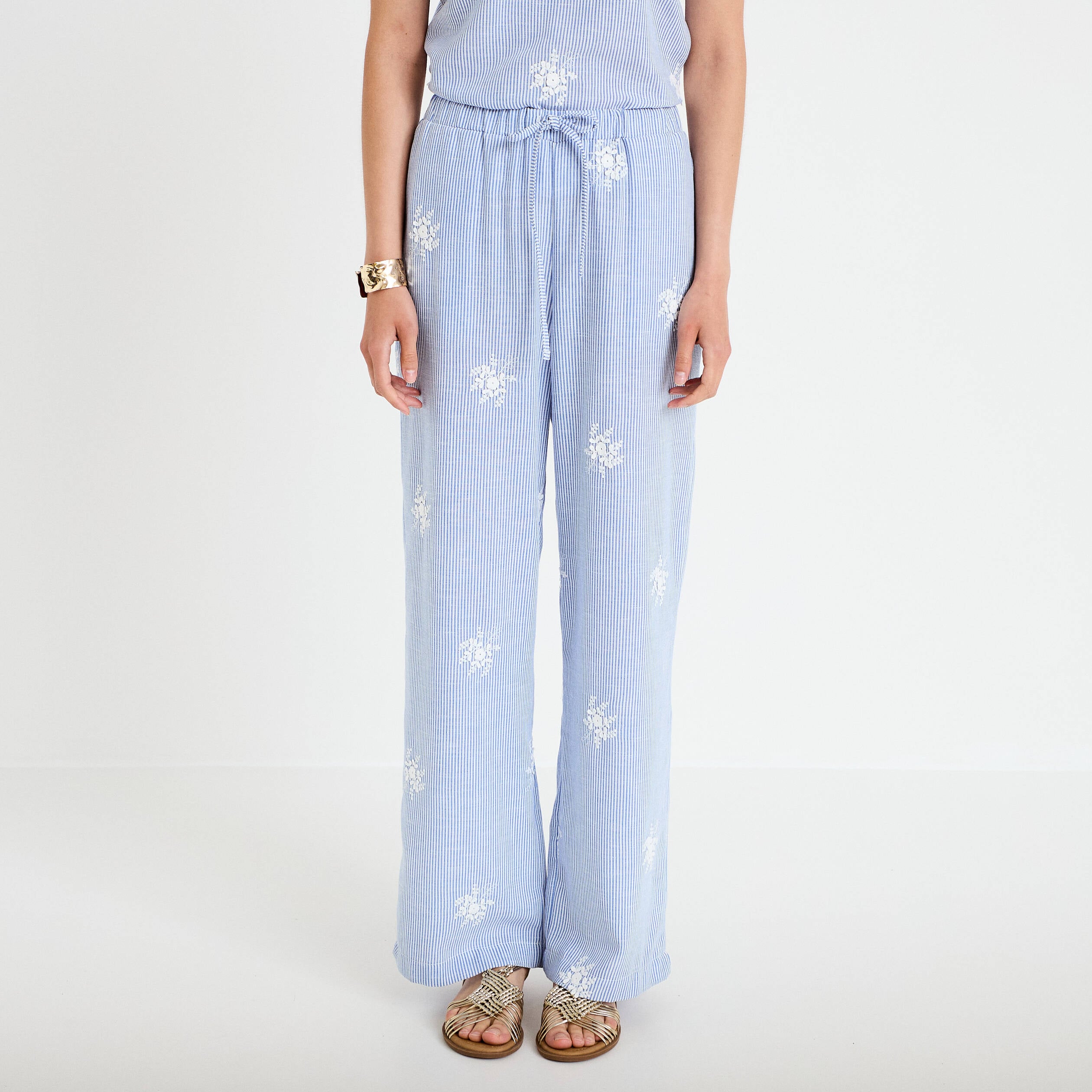 Pantalon large taille haute &agrave; relief blanc femme