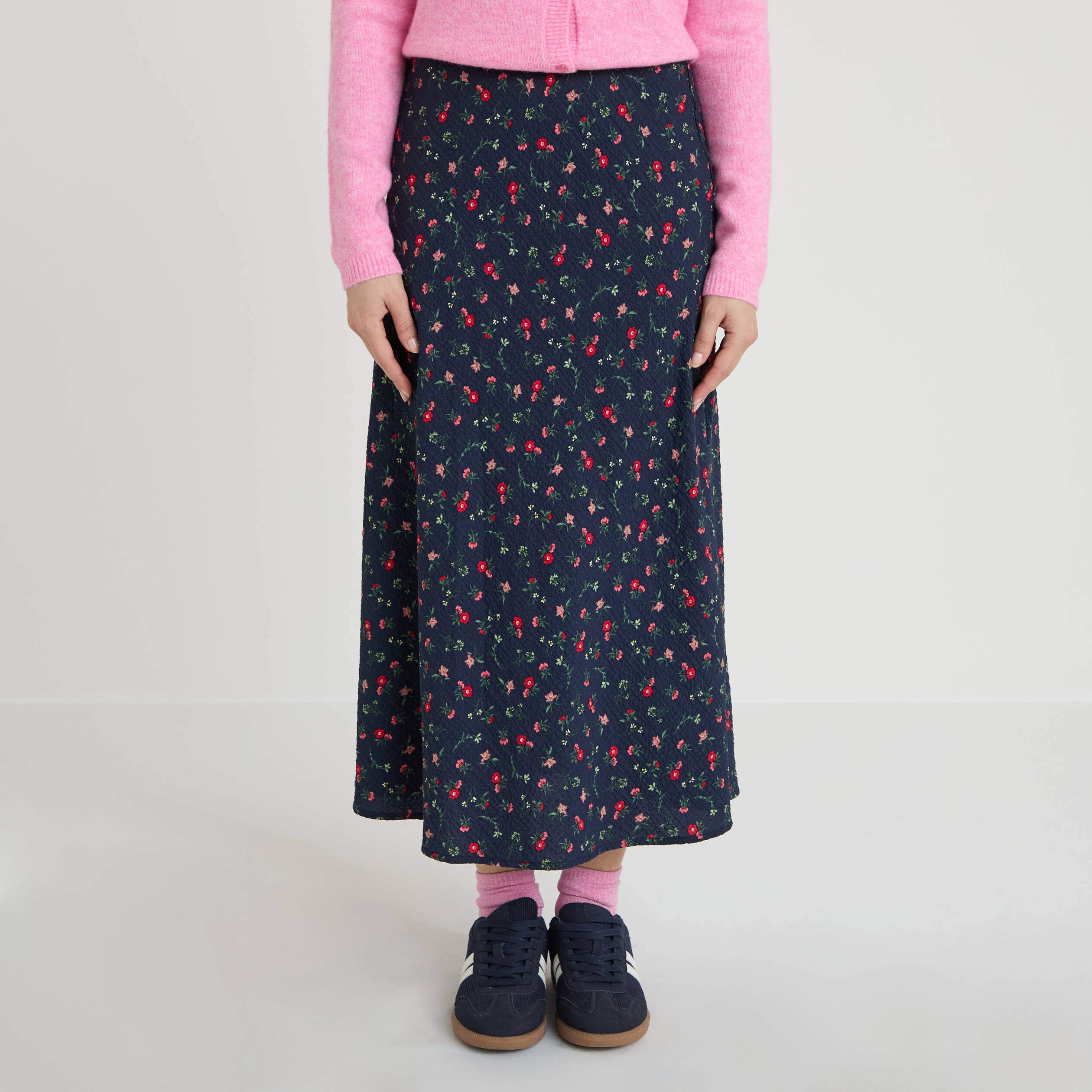 Jupe &eacute;vas&eacute;e longueur 3/4 bleu marine femme