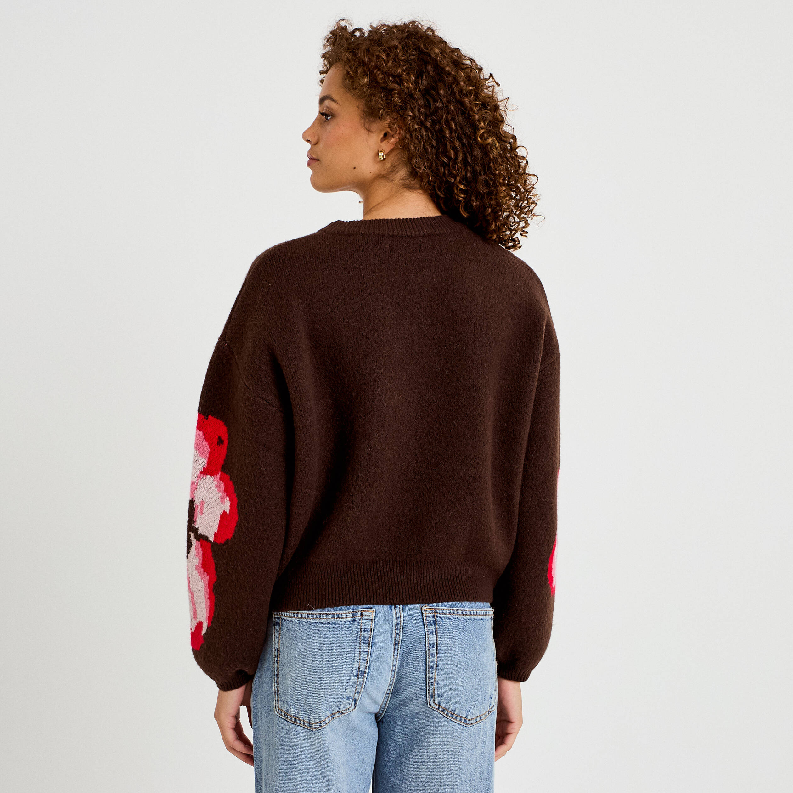 Pull ample col rond manches longues marron fonc&eacute; femme