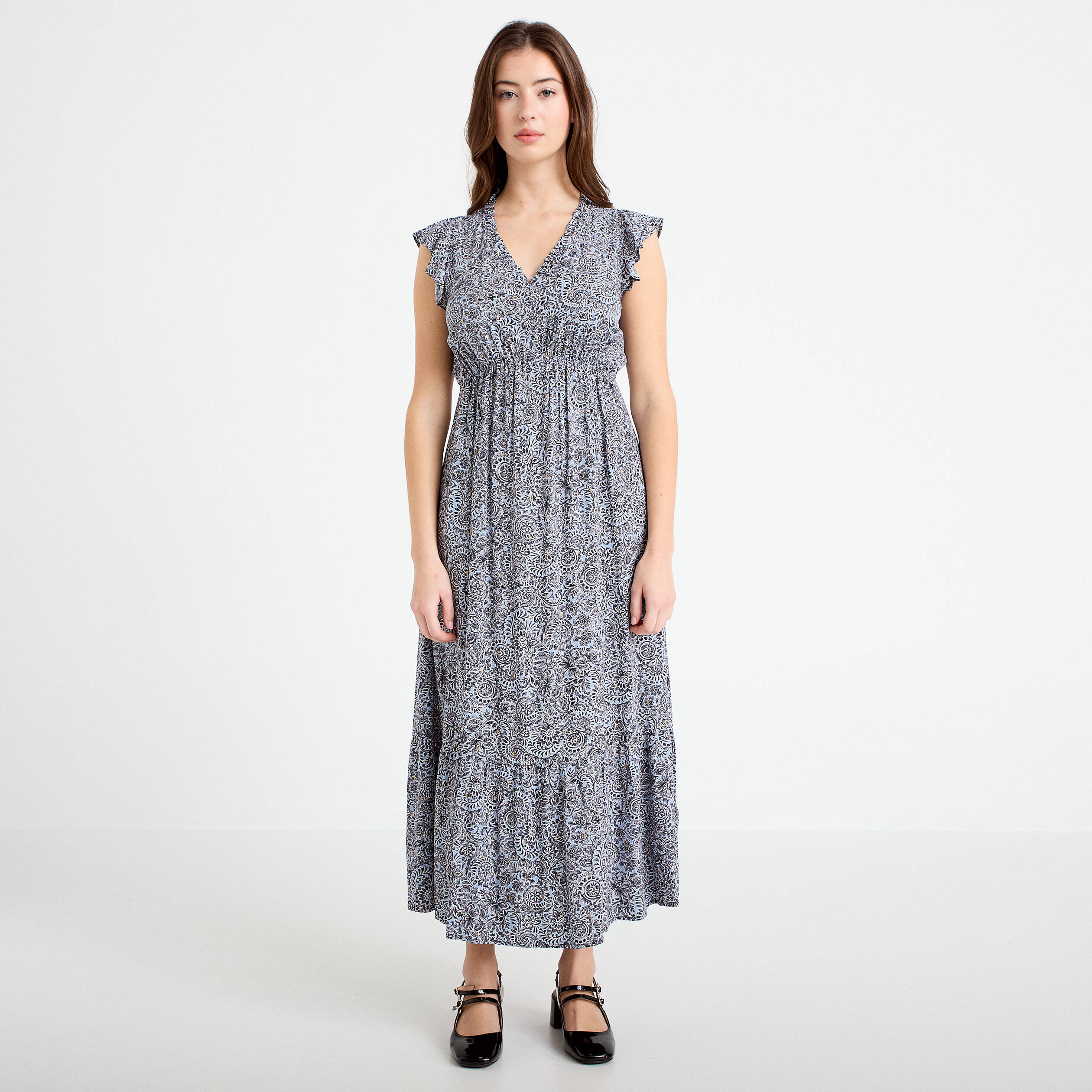 Robe longue &eacute;vas&eacute;e col v manches courtes bleu femme