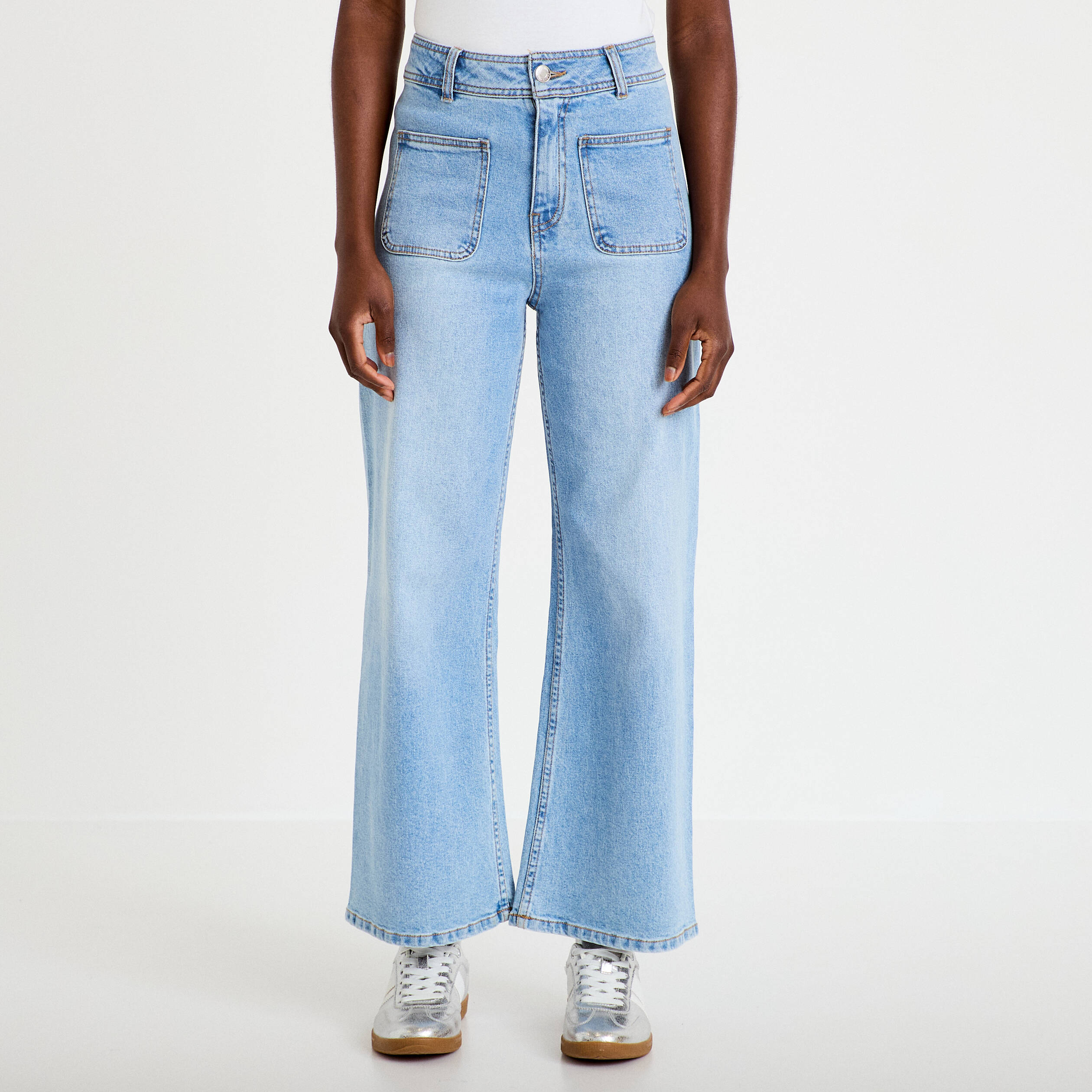 Jean wide leg cropped taille haute denim bleach femme