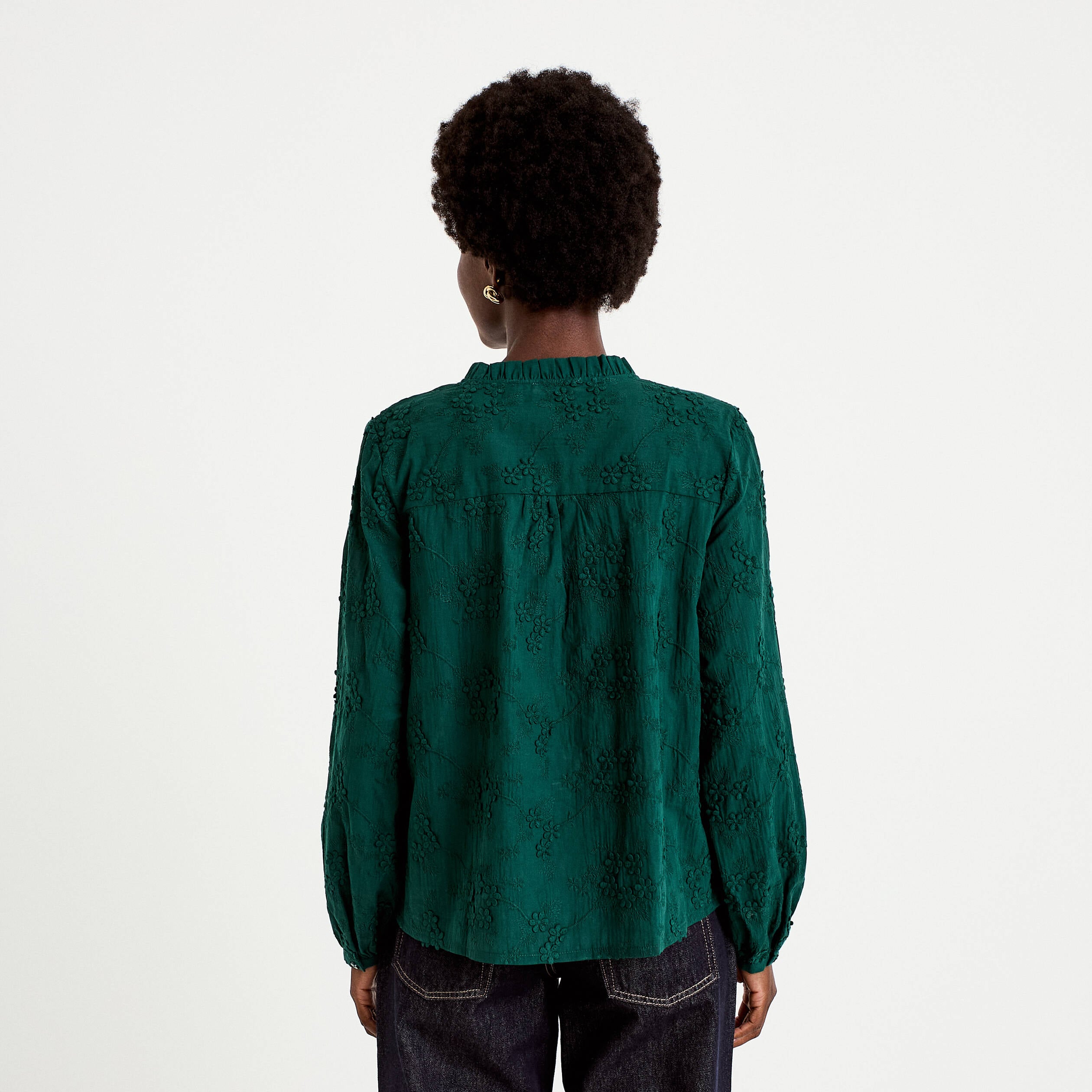 Blouse droite col rond manches longues vert fonc&eacute; femme