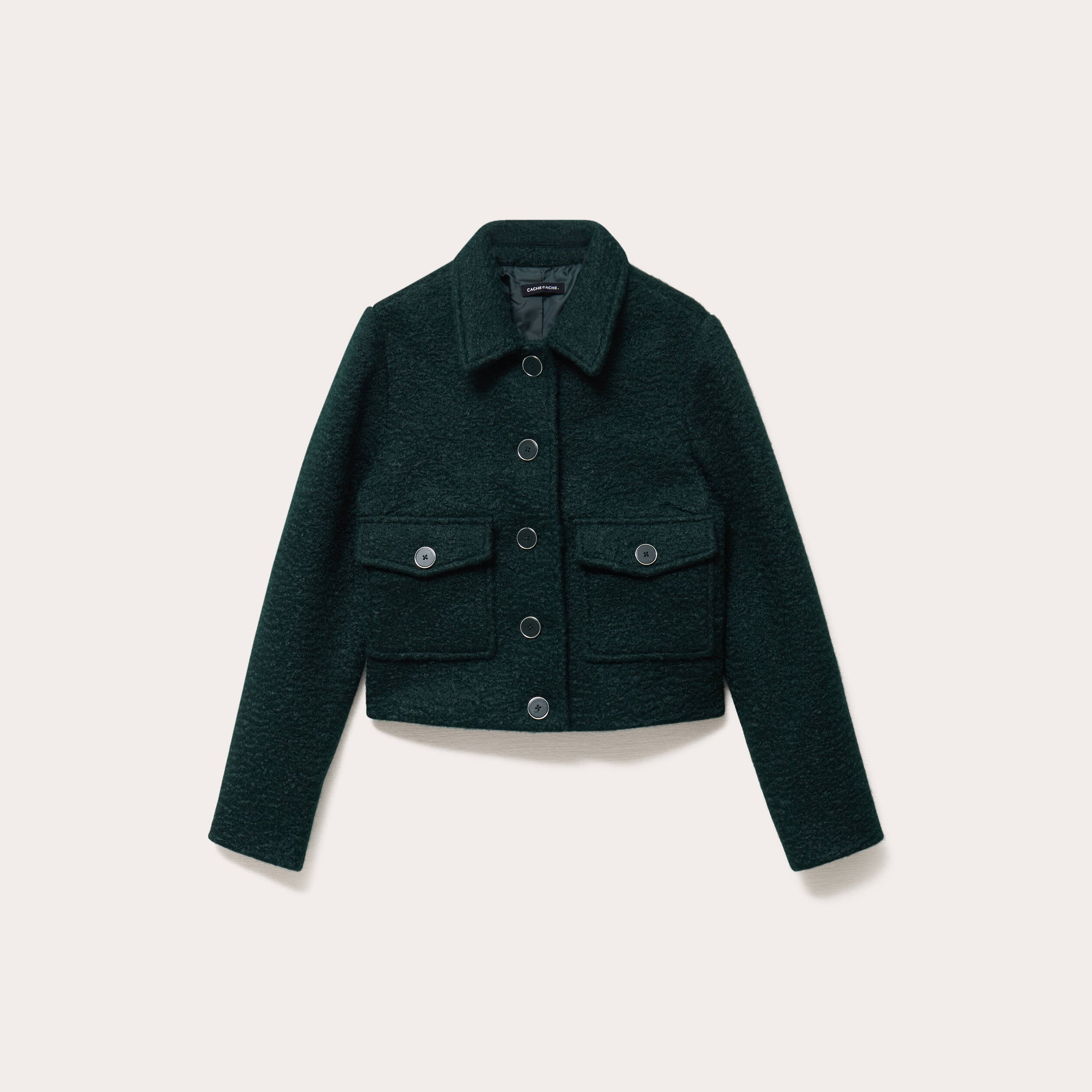 Veste bouclette boutonn&eacute;e vert fonc&eacute; femme
