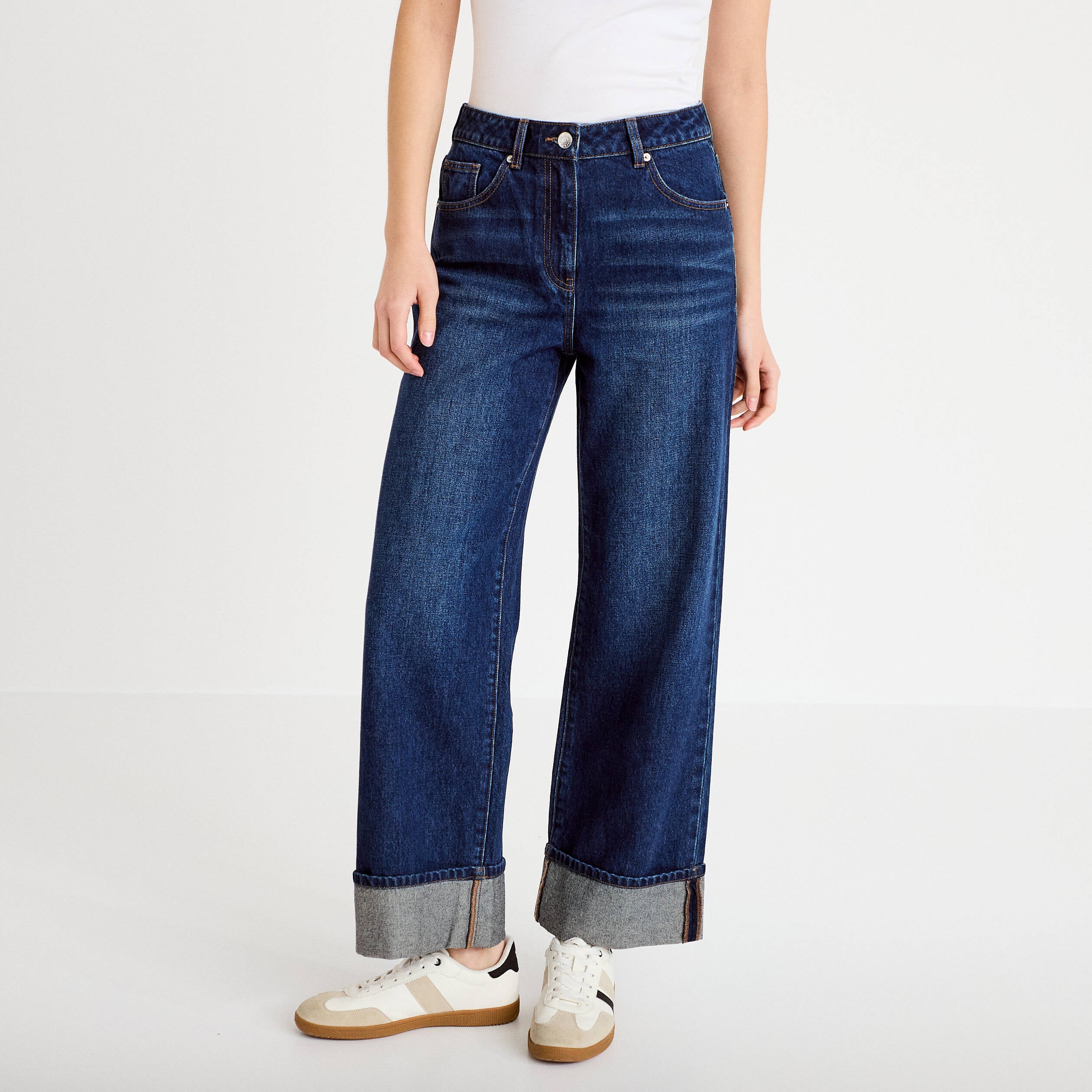 Jeans droit &agrave; revers denim stone femme