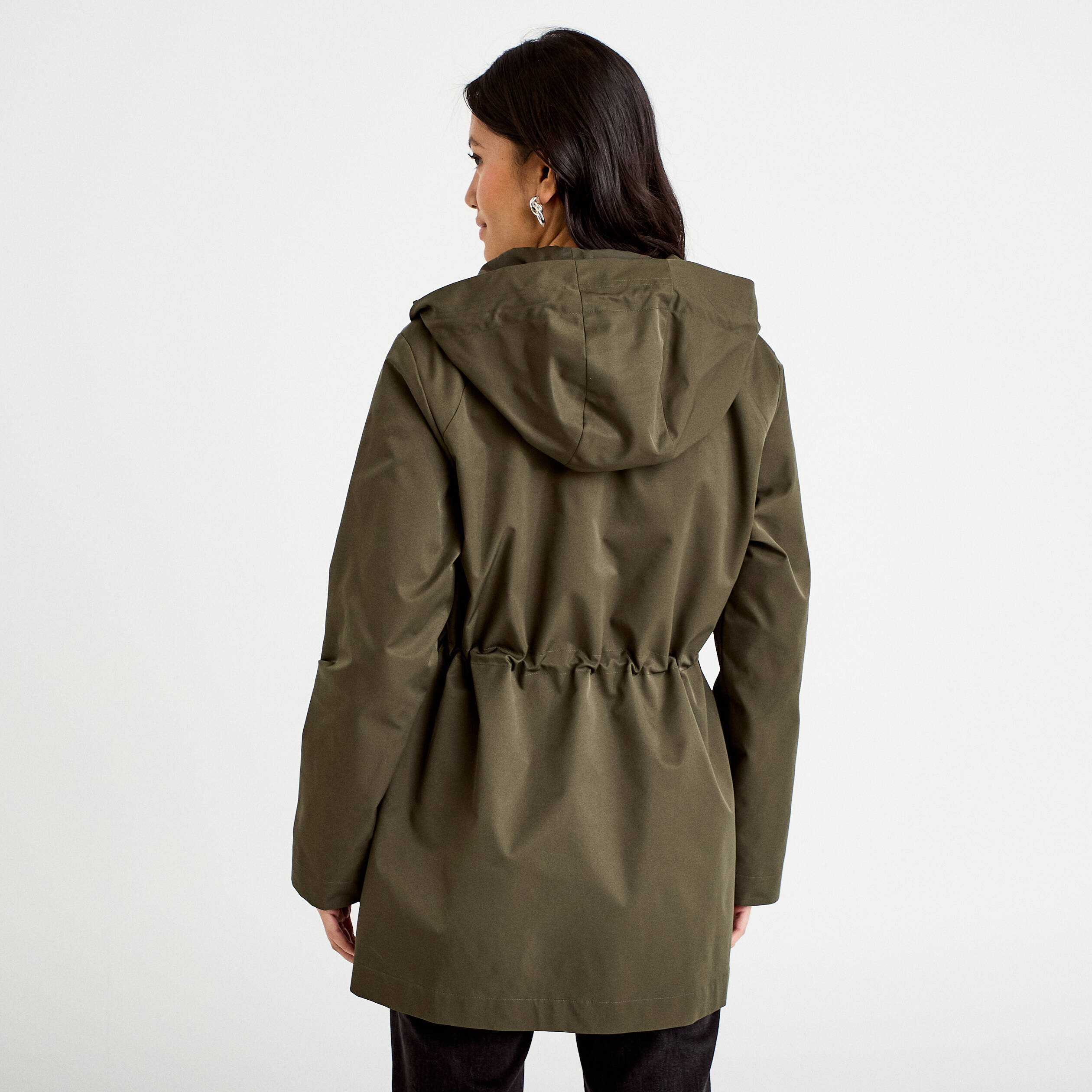 Parka &agrave; capuche taille ajustable vert kaki femme