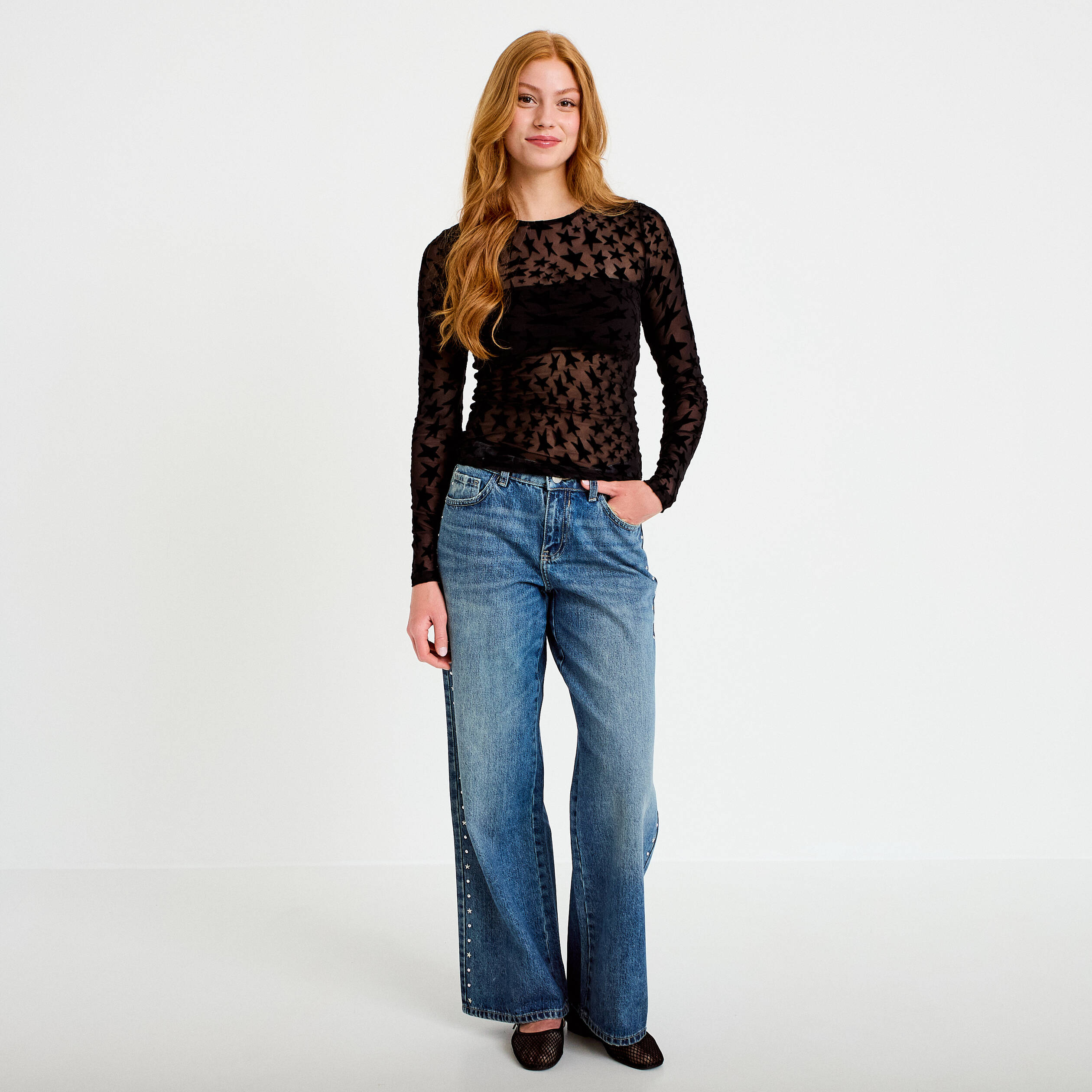 Jean wide leg taille basse denim double stone femme
