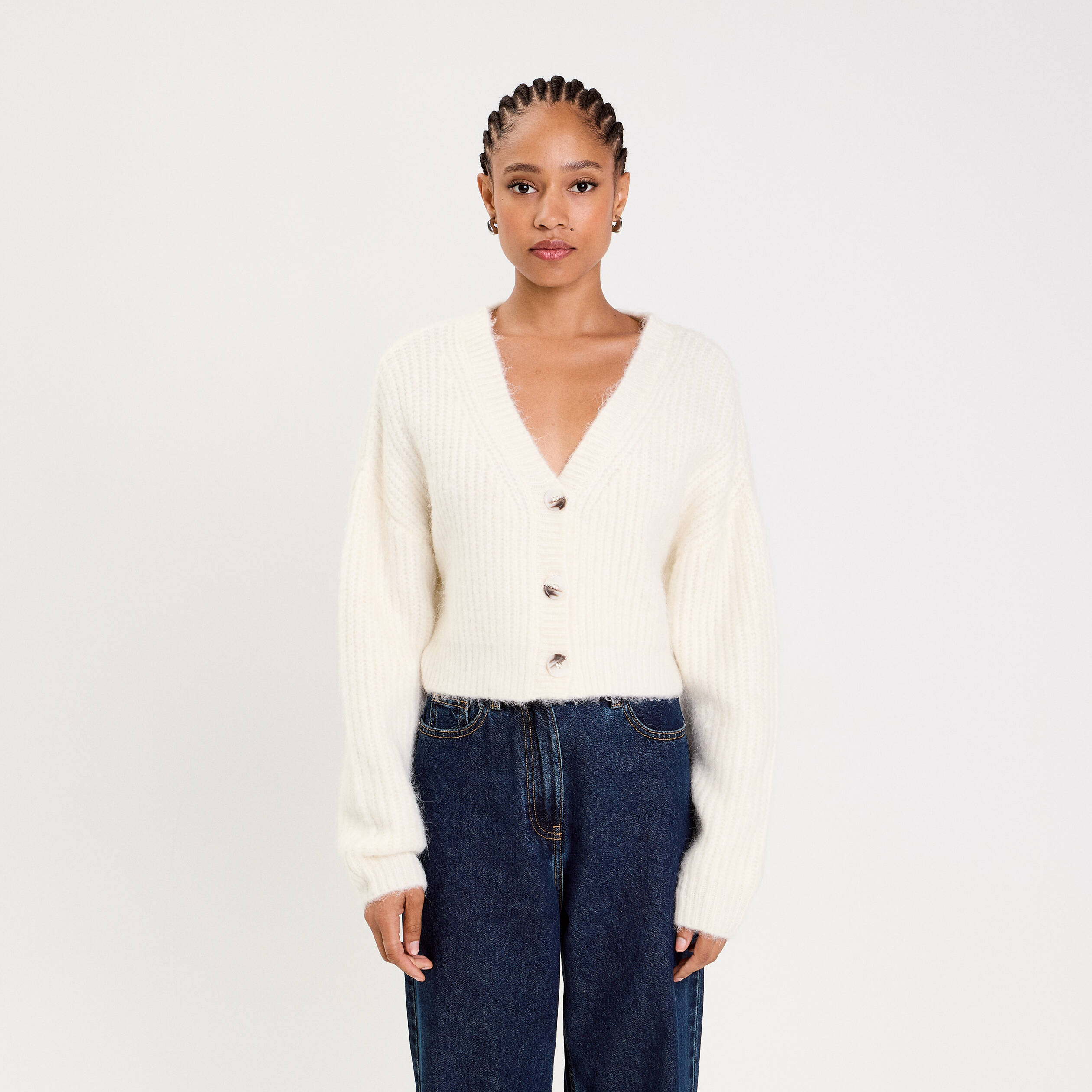Gilet col v manches longues ecru femme