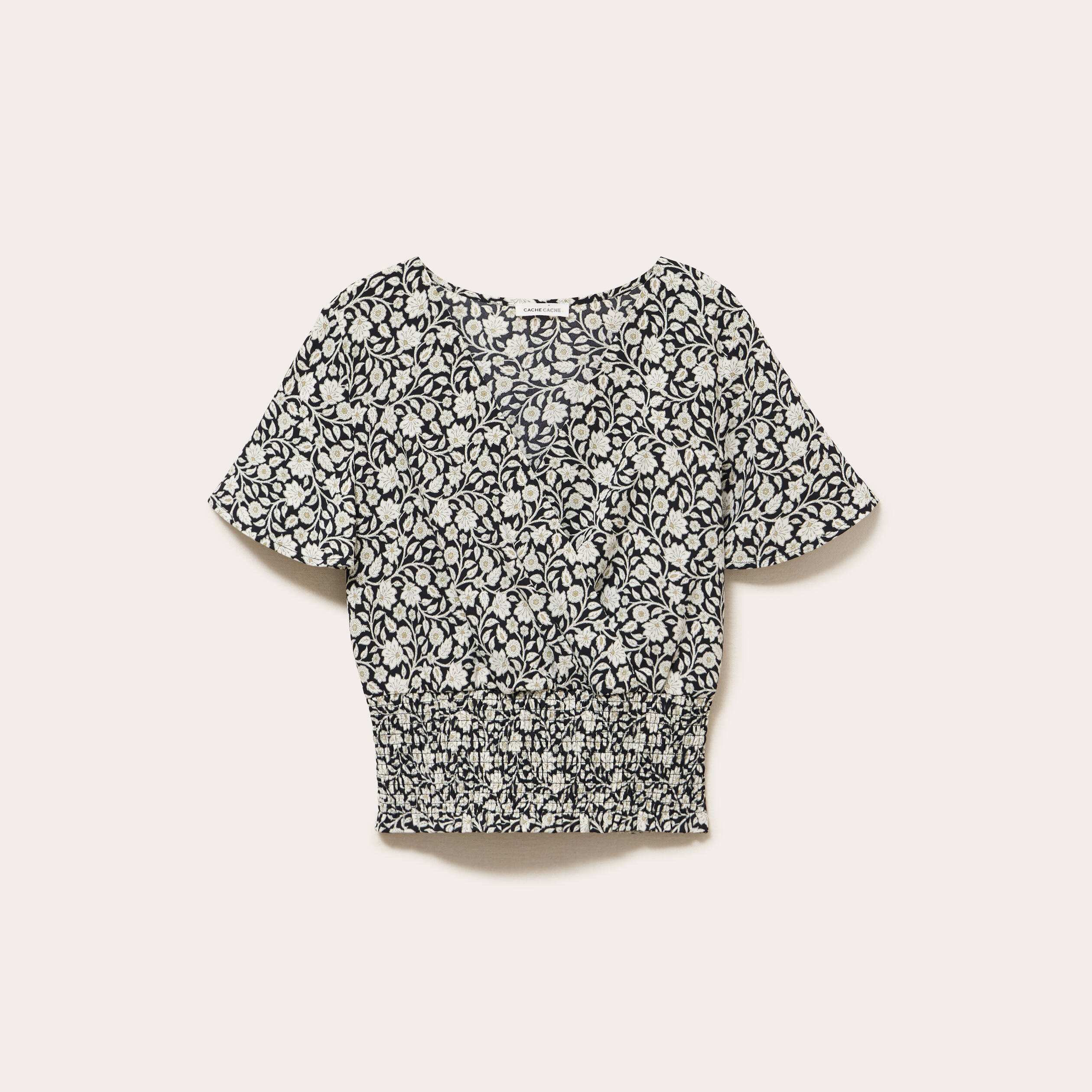Blouse cintr&eacute;e cropped manches courtes noir femme