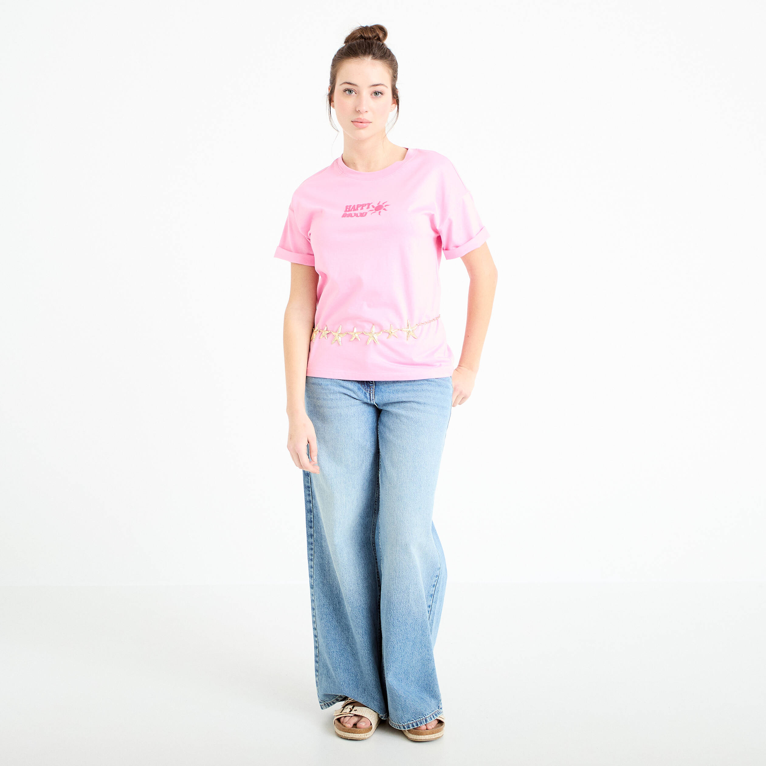 T-shirt col rond manches courtes rose corail femme