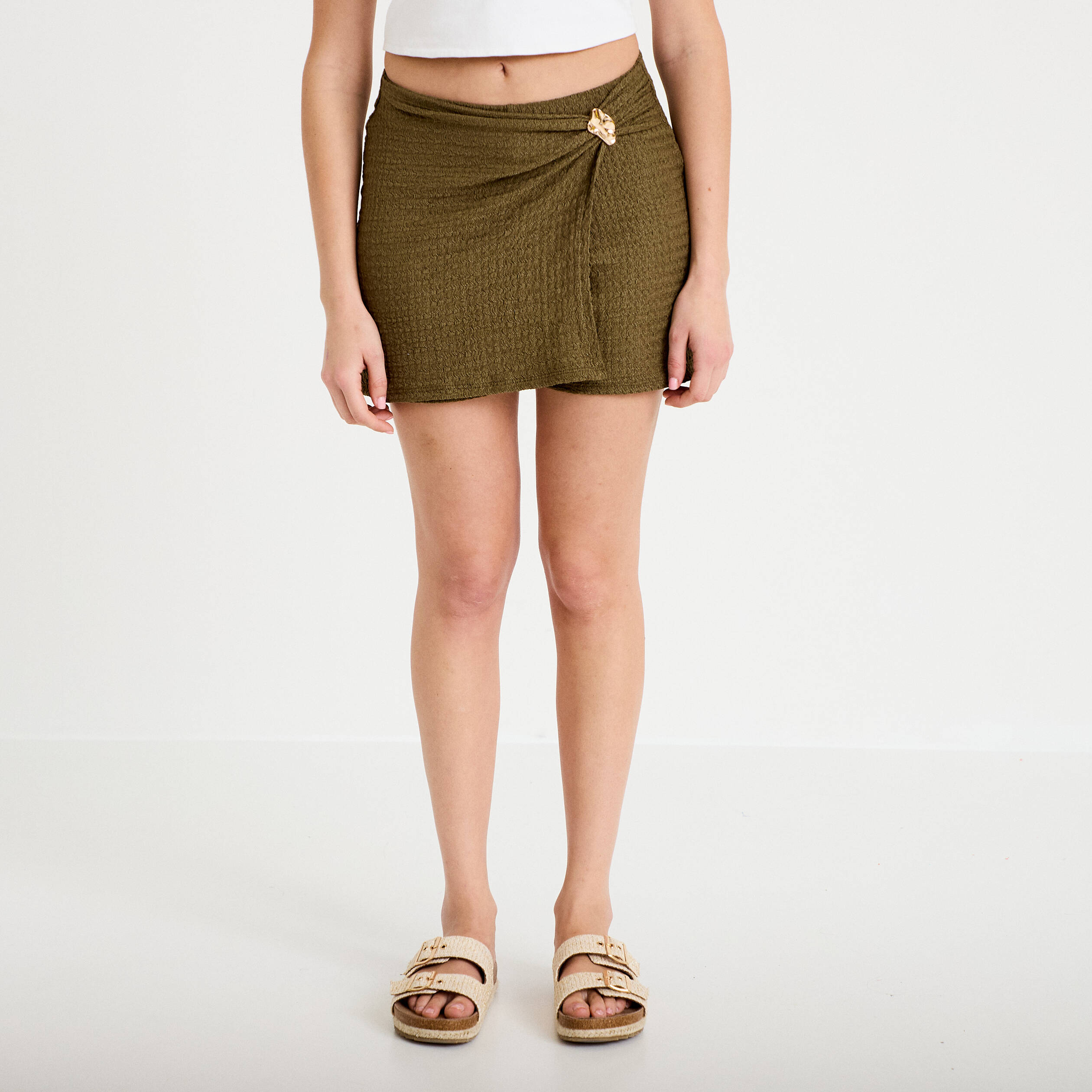 Jupe-short &eacute;vas&eacute;e en maille vert kaki femme