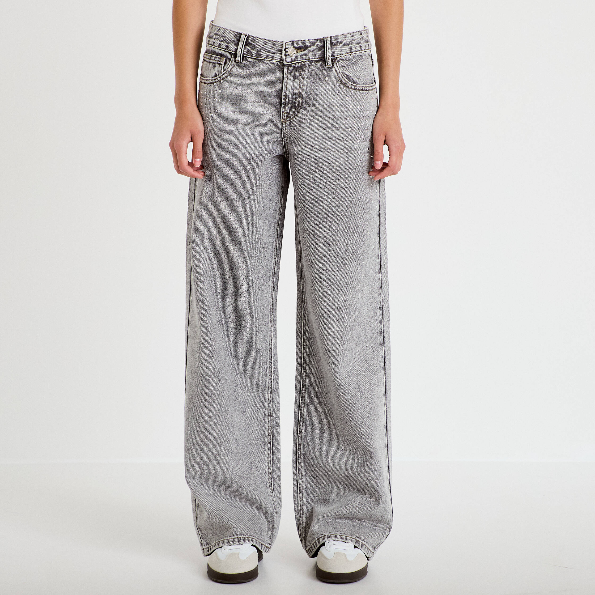 Jean wide leg taille basse strass denim gris femme