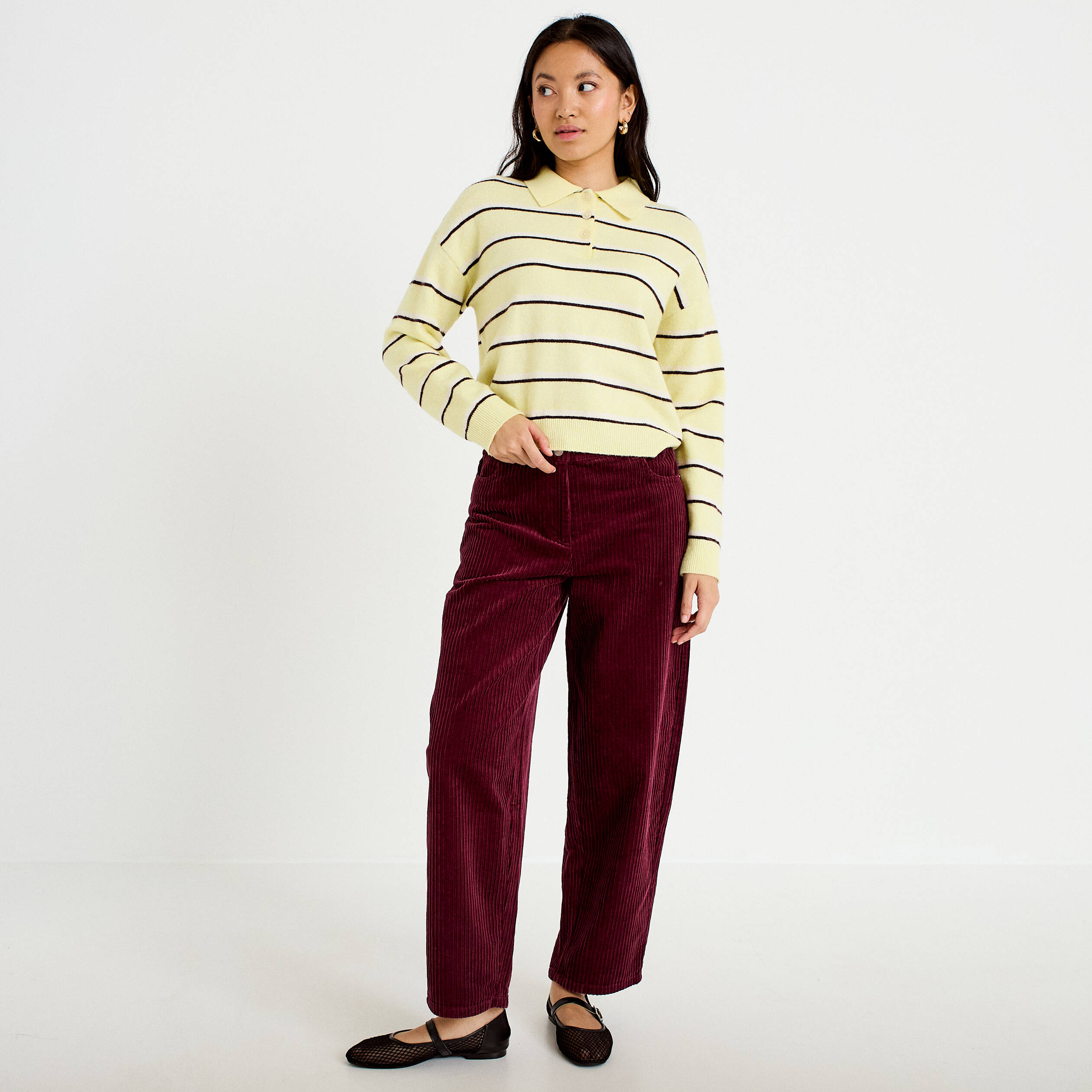 Pantalon large en velours bordeaux femme