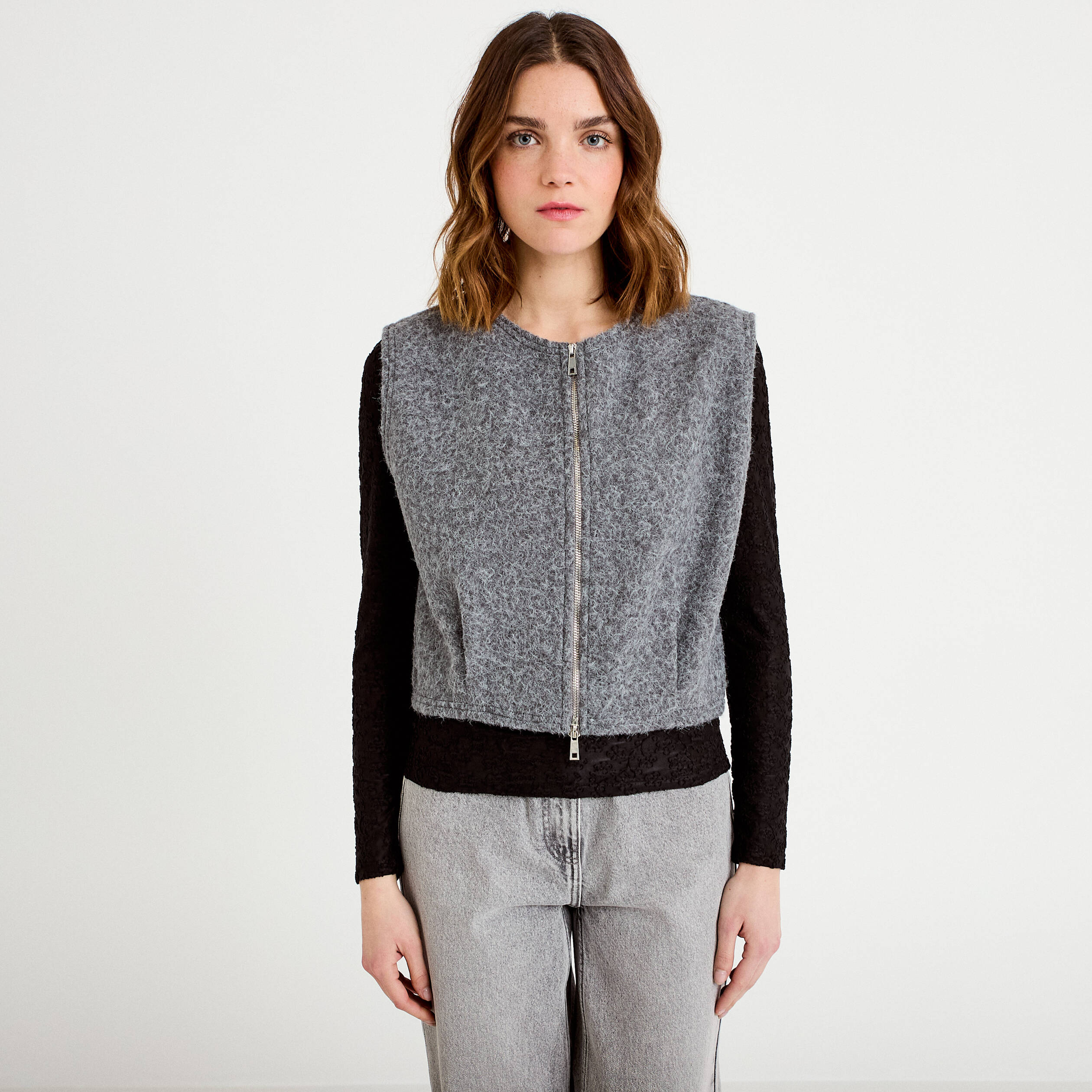Veste sans manches effet polaire gris clair femme